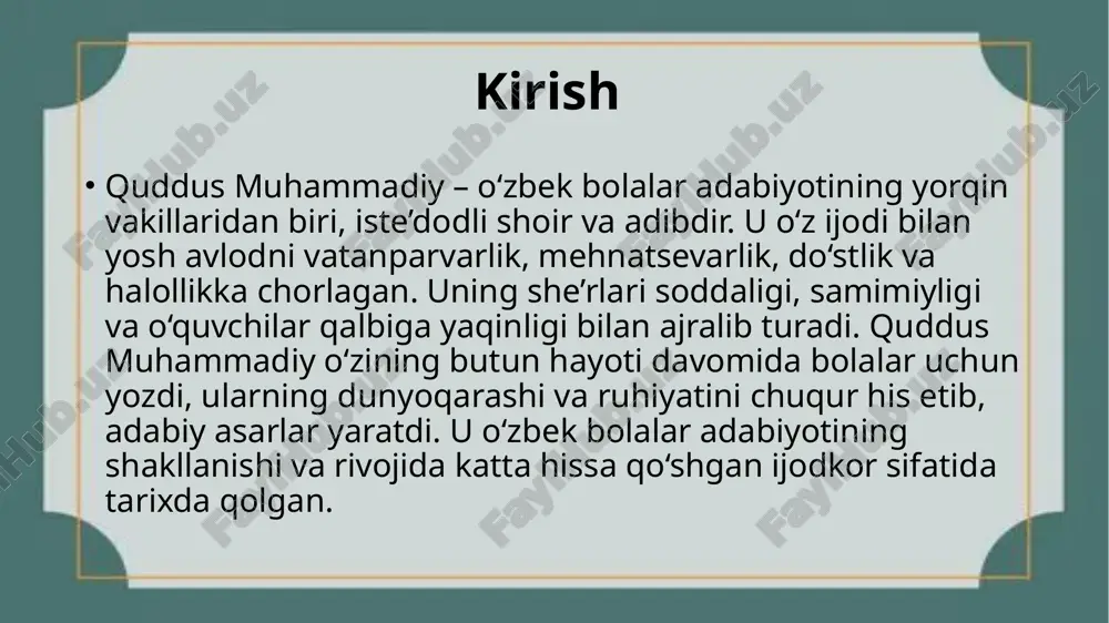 hin dildan yozilgan namunalarini yaratgan. xulosa quddus muhammadiy – bolalarning sevimli shoiri, milliy adabiyotimizda yorqin iz qoldirgan ijodkor. uning asarlarida bolalik quvonchi, orzu-umidlar, vatanga muhabbat va insoniy fazilatlar go‘zal ifodasini topgan. u o‘zbek bolalar adabiyotiga samimiy ruh, xalqona ifoda va tarbiyaviy kuch olib kirgan. bugun ham quddus muhammadiy ijodi yosh avlodni ezgulikka, bilimga va mehnatga undaydi. uning nomi o‘zbek adabiyoti tarixida abadiy saqlanadi. image1.jpeg image2.jpeg image3.jpeg image4.jpeg image5.jpeg image6.jpeg image7.jpeg /docprops/thumbnail.jpeg
