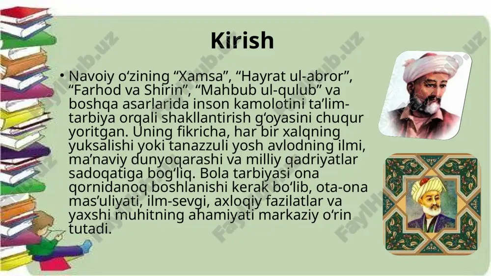 ydi. navoiy o‘z-o‘zini tarbiyalashni targ‘ib qiladi: “xatog‘a tadoruk nedur bexilof, / ayon qilmoq o‘z sahviga e’tirof”. “farhod va shirin”da farhodning otasi unga teran ustoz tayinlab, diniy-dunyoviy bilimlar muvozanatini ta’minlaydi, bu esa barkamol shaxs shakllanishining kaliti sifatida ko‘rsatiladi xulosa alisher navoiy asarlarida bola tarbiyasi komil inson yetishtirishning asosi sifatida yoritilgan bo‘lib, ilm-mehnat, axloqiy fazilatlar va ota-ona mas’uliyatiga asoslanadi. uning “yoshligingda yig‘gil bilimni, qarigach sarf qilg‘il ani” degan g‘oyasi bugungi yosh avlodni ma’rifatli qilishda dolzarb. navoiyning merosi orqali biz jamiyatni barkamol avlod bilan mustahkamlaymiz – bu nafaqat o‘tmish, balki kelajak uchun muhim sarmoya. image1.jpeg image2.jpeg image3.jpeg image4.jpeg image5.jpeg image6.jpeg image7.jpeg image8.jpeg image9.jpeg image10.jpeg /docprops/thumbnail.jpeg