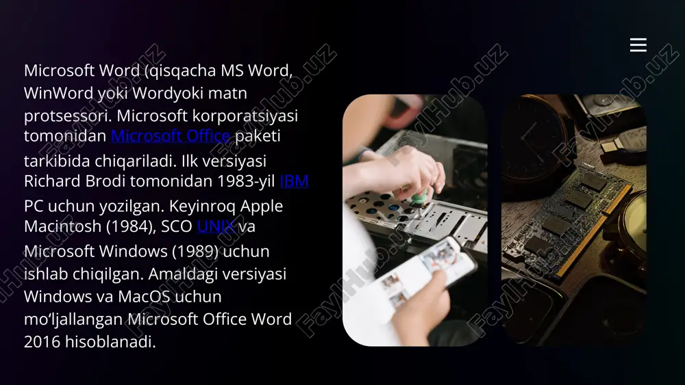 n). yangi ms word 2007/2010 versiyalarida bu himoya turi „formatlash va tahrirlashni cheklash uchun himoya“ deb nomlanadi. 03 hujjat oʻzgartirish uchun himoya 02 hujjatlarining himoya tizimi hozirgi kunda microsoft wordga 3 turdagi himoya qoʻyish mumkin: ms word versiyalaridan qatʼi nazar „hujjat oʻzgartirish uchun himoya“ va „formatlash va tahrirlashni cheklash uchun himoya“ni hujjatdan darhol yoʻq qilish mumkin. hujjatning haqiqiy himoyasini esa „hujjat ochish uchun himoya“ taʼminlab beradi. ms wordning eski versiyalarida, hattoki word 2003 da ham hujjat ochish uchun himoya muammosiz buzilishi mumkin. ms word 2007/2010 versiyalarida microsoft 128 bit kalitli aes shifrlash algoritmini qoʻllamoqda. bunda himoyani chetlab oʻtish nisbati tahminan nolga teng 02 01 hanover and tyke kombinatsiyali amallar productivity tools productivity suites, tools, and task management software enhance efficiency and collaboration. kompyuterda ishlash vaqtimizda har xil vaziyatlar boʻlishi mumkin. shulardan eng koʻp uchraydigan bu sichqonchaning nosozligi. foydalanuvchilarning katta qismi esa ushbu qurilma orqali asosiy amallarni bajarishadi va shu sabali …