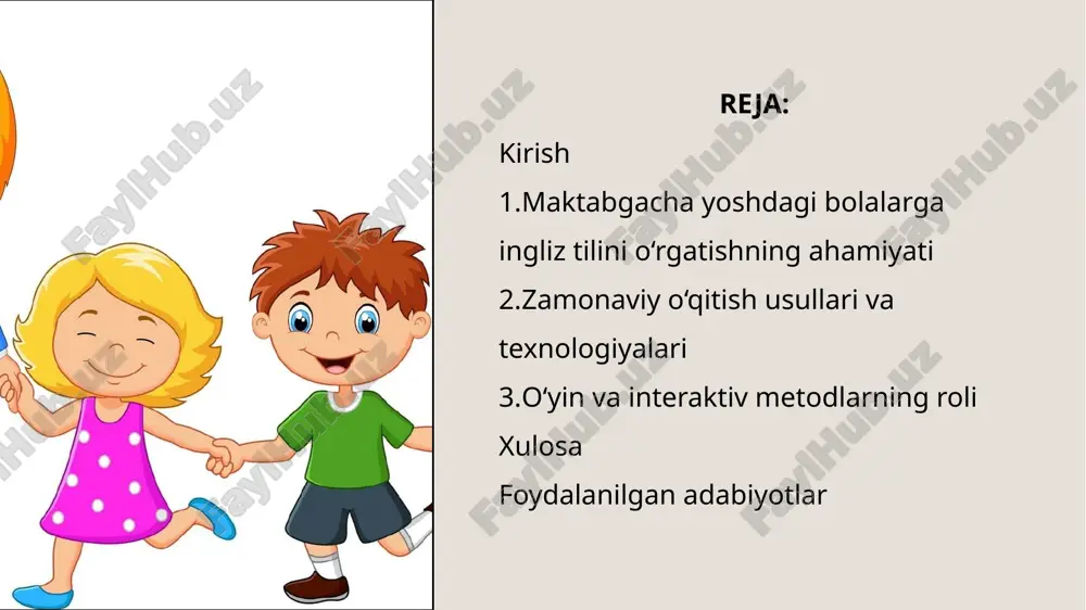tini rivojlantiradi. interfaol metodlar, o‘yin texnologiyalari va multimedia vositalaridan foydalanish orqali til o‘rganish jarayoni samarali, zavqli va tabiiy tus oladi. bu esa kelajakda yosh avlodning global tafakkur bilan yetishishiga zamin yaratadi. foydalanilgan adabiyotlar o‘zbekiston respublikasi “maktabgacha ta’lim to‘g‘risida”gi qonuni. — toshkent, 2019. g‘ulomova m. “maktabgacha yoshdagi bolalarga chet tilini o‘rgatish metodikasi”. — toshkent: tdpu, 2021. nishonova z. “chet til o‘qitishning zamonaviy texnologiyalari”. — toshkent: fan va texnologiya, 2020. harmer j. the practice of english language teaching. — pearson education, 2015. brown h. d. teaching by principles: an interactive approach to language pedagogy. — longman, 2018. o‘zbekiston respublikasi maktabgacha ta’lim vazirligi metodik qo‘llanmalari, 2022-yil nashri. image1.jpeg image2.jpeg image3.png image4.png image5.jpeg image6.png image7.jpeg image8.jpeg image9.png image10.jpeg image11.jpeg