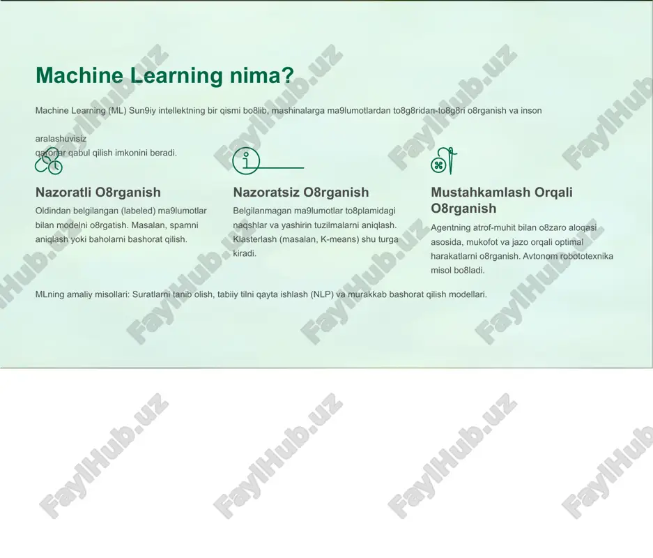 jratib, kompaniyalarning millionlab yo8qotishlarining oldini oladi. mijoz klasterlash nazoratsiz o8rganish usuli bo8lgan k-means klasterlash mijozlarning xatti-harakatlari va demografik xususiyatlariga ko8ra segmentlarga ajratishda keng qo8llaniladi. real vaqtda qayta ishlash katta ma9lumotlarni real vaqtda qayta ishlash uchun apache spark va ml modellarni o8rgatish uchun tensorflow kabi yuqori samarali platformalar ishlatiladi. big data infratuzilmasi va texnologiyalari katta hajmdagi ma9lumotlarni saqlash, boshqarish va qayta ishlash uchun maxsus infratuzilma va mos texnologiyalar talab qilinadi. ml modellari ushbu tizimlar yordamida ta9minlanadi. tarqatilgan fayl tizimlari hdfs va gfs kabi tizimlar katta ma9lumotlarni bo8lib- saqlaydi va parallel kirishni ta9minlab, keyingi bosqichlarga ma9lumot oqimini beradi. bulutli saqlash amazon s3 va azure kabi xizmatlar tarqatilgan tizimlardan oson kengaytiriluvchi, zaxira va global kirish imkoniyatini taqdim etadi, shu bilan nosql tizimlariga uzluksiz saqlashni ta9minlaydi. nosql ma'lumotlar bazalari mongodb va cassandra tezkor yozish/o8qish va moslashuvchan sxema bilan katta hajmdagi ma9lumotlarni indekslab, tahlil va ml jarayonlariga xizmat qiladi. tarqatilgan fayl tizimlari hadoop distributed file …