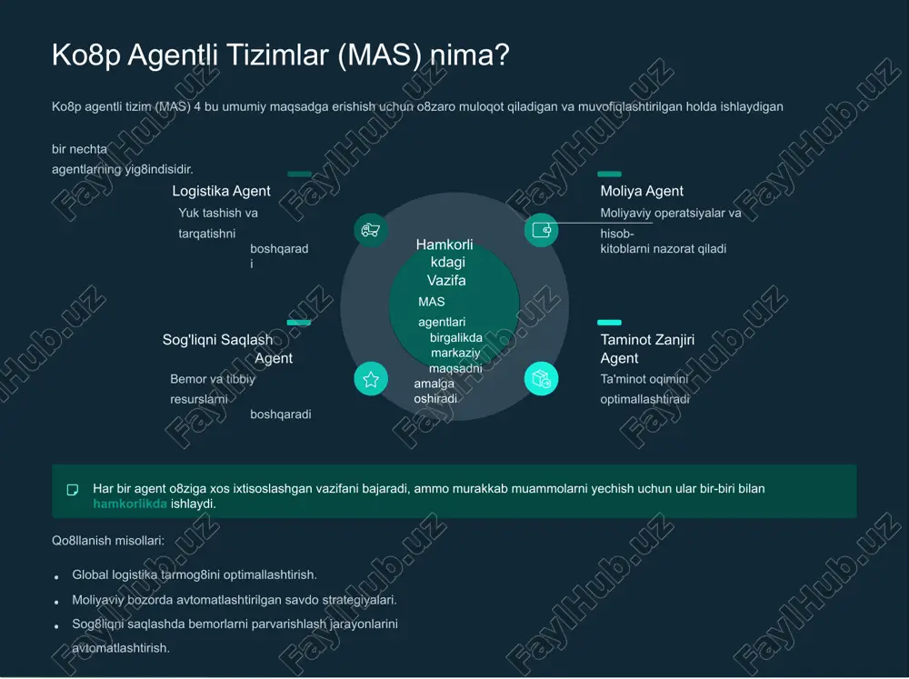 italar o8rtasidagi muloqotni grafik (graph) asosida boshqarish va murakkab jarayonlarni modellashtirish. autogen (microsoft) har xil ai agentlar o8rtasida avtomatik xabar almashinuvini, rollarni taqsimlashni va guruhli vazifalarni hal qilishni ta9minlash. metagpt dasturiy ta9minot ishlab chiqish jarayonini simulyatsiya qilish, agentlar jamoasi (mahsulot menejeri, muhandis) bilan ishlash. agentverse ko8p agentli simulyatsiyalar uchun platforma yaratish, agentlarni sinab ko8rish va baholash imkonini beradi. kelajak va rivojlanish yo8nalishlari agentlar tizimlarini yanada aqlli va avtonom qilish uchun ikki asosiy yo8nalish mavjud. 1. o8z-o8zini baholash (reflection pattern) harakatni bajarish natijani ko8rib chiqish rejani takomillashtirish agentlar o8z harakatlari va natijalarini tanqidiy tahlil qilib, keyingi vazifalarni samaraliroq bajarishni o8rganadi. 2. dinamik vositalardan foydalanish (tool use pattern) agentlar o8z vazifasini bajarish uchun avtomatik ravishda turli tashqi vositalar (api'lar, dasturiy ta9minot) to8plamini tanlaydi va ulardan foydalanadi. ma'lumotlar bazasidan qidirish. kalkulyator va hisoblash vositalari. tashqi xizmatlar bilan integratsiya. xulosa: agentlar va ko8p agentli tizimlar kelajagi texnologik evolyutsiya murakkablikni osonlikka aylantirmoqda. murakkablikni yengish mas, …