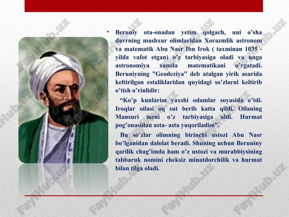 r. materiya muayyanlik libosiga burkanadi, u faoldir, harakat tamomila materiyaga tegishli, u ruhni modda bilan bog‘laydi va uni turli shakllarda kezib yurishga majbur etadi. abu rayhon beruniyning ta’limotlari beruniy yunon faylasuflari levkipp va demokrit qarashlariga qo‘shilib, atomistika ta’limotini tan oladi, lekin ulardan farqli o‘laroq borliqda bo‘shliqning mavjudligini inkor etadi. u atomlar sifat jihatdan o‘zgarish xususiyatiga ega, degan fikrni bildiradi. beruniy nuqtai nazaricha, makon va zamon borliqning muhim xususiyatlaridir. beruniyning ijtimoiy-siyosiy qarashlari insonparvarlik g‘oyalari bilan sug‘orilgan. u insonni eng sharafli borliq sifatida tushuntiradi. inson faqat o‘zi uchun yashamasligi, insonlar bir-birlariga yordam berishlari kerakligini ta’kidlaydi. uningcha, insonlar o‘rtasidagi tafovut ko‘proq tashqi jihatdan mavjud bo‘lib, ular ichki tuzilashi va tashkil topishi jihatdan bir umumiylikka ega. lekin inson maymunga o‘xshasa ham, ular o‘rtasida tub farqlar mavjud. u «hindiston» asarida insonlarda tillarning turlicha ekanligi to‘g‘risida to‘xtalar ekan: «tillarning turlicha bo‘lishiga sabab-odamlarning guruhlarga ajralib ketishi, bir-birlaridan uzoqda yashashlaridir»,-deydi. beruniy jamiyatda ijtimoiy hayotning o‘ziga xos «shartnoma» asosida …