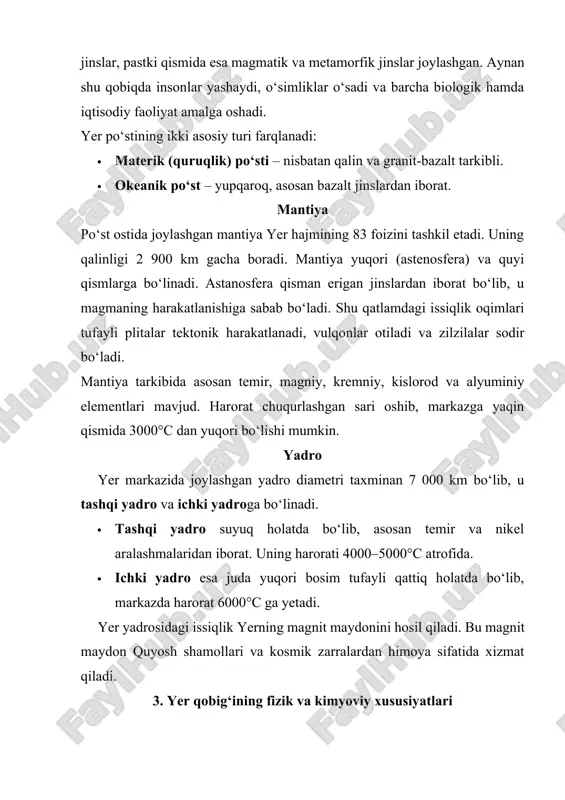 oviy tarkibiga ko‘ra yer po‘stining asosiy elementlari quyidagilar: kislorod (47%), kremniy (28%), alyuminiy (8%), temir (5%), kaltsiy, natriy, kaliy va magniy (birgalikda 7%). shu elementlar turli minerallar va jinslarni hosil qiladi. yer po‘stida ko‘plab foydali qazilmalar — neft, gaz, ko‘mir, oltin, mis, temir rudalari, tuzlar va boshqa resurslar joylashgan. ular insoniyatning iqtisodiy taraqqiyotida beqiyos ahamiyatga ega. shuningdek, yer qobig‘ida sodir bo‘ladigan geodinamik jarayonlar — vulqon otilishi, zilzilalar, tog‘ hosil bo‘lish, dengiz tubining kengayishi — bularning barchasi ichki energiya oqimlari bilan bog‘liqdir. 4. yer ichki tuzilishini o‘rganish usullari va ilmiy ahamiyati yer ichki tuzilishini to‘g‘ridan-to‘g‘ri o‘rganish deyarli mumkin emas, chunki inson hozircha yer markaziga yetib bora olmaydi. shuning uchun olimlar bilvosita usullardan foydalanadilar. eng muhimlari quyidagilar: · seysmik usul – zilzilalar natijasida paydo bo‘ladigan to‘lqinlarning yer ichida qanday tarqalishini o‘rganish orqali qatlamlar tuzilishini aniqlash. · gravitatsion va magnit kuzatishlar – yerning tortishish maydoni va magnit maydonidagi o‘zgarishlar orqali ichki tuzilish haqida …