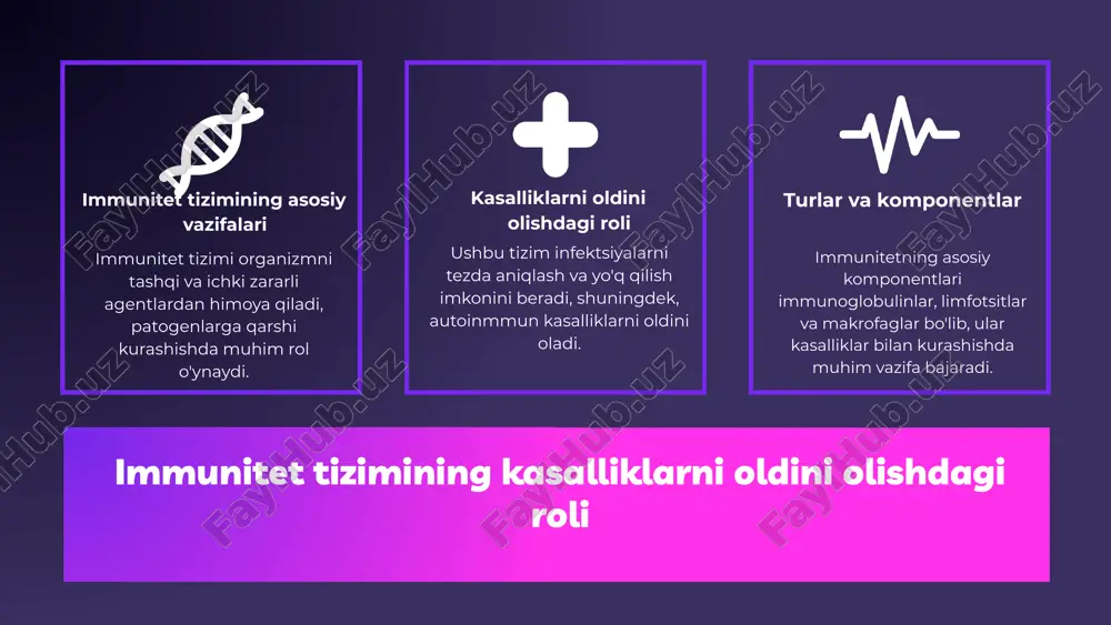 oniy faoliyat va stressni boshqarish muhim. vitaminlar, minerallar (masalan, vitamin c, zink, selen) immun tizimini qo'llab-quvvatlaydi. jismoniy harakat qon aylanishini yaxshilaydi, stressni boshqarish esa kortizol bilan immunitetni muhofaza qiladi. bu usullar immunitetni kuchaytiradi. photo by national cancer institute on unsplash zamburugʻli kasalliklar va immunitetni mustahkamlash zamburugʻli kasalliklar paydo boʻlishi immunitetning zaifligidan kelib chiqadi. immunitetni kuchaytirish uchun vitaminlar, toʻgʻri ovqatlanish, jismoniy faoliyat va stressni boshqarish muhimdir. oziq-ovqat va jismoniy harakat immunitetni oshiradi va kasalliklarning oldini oladi. zamburugʻli kasalliklar va immunitet oʻrtasidagi bogʻliqlik zaif immunitet zamburugʻlarning hujumiga olib keladi va muhim organlarni zararli taʼsir qiladi. immunitetni kuchaytirish usullari vitaminlar (a, c, d, e), toʻgʻri ovqatlanish, jismoniy harakat va stressni boshqarish immunitetni oshiradi. oziq-ovqat va jismoniy faoliyatning roli muntazam jismoniy faoliyat va muvofiq ovqatlanish immunitetni mustahkamlaydi va kasalliklardan himoya qiladi. parazitlar immunitet tizimining zaif yoki muvozanatsiz bo'lsa, patologik holatlarni keltirib chiqaradi, shuning uchun immunitetni kuchaytirish parazit kasalliklarining oldini olishda muhimdir. o'zbekiston respublikasi tibbiyot …