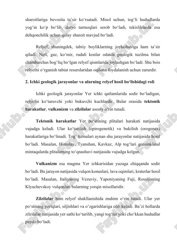 qlarni yemirishi natijasida vujudga keladigan jarayon bo‘lib, u qirg‘oq relyefini o‘zgartiradi. deflyatsiya — shamol ta’sirida tuproq va qumning uchib ketishi natijasida yuzaga keladi. natijada qumtepalar, barxanlar paydo bo‘ladi. glatsial (muzlik) jarayonlar ham relyefda muhim rol o‘ynaydi. muzliklar harakati tog‘ vodiylarini kengaytiradi, ularni u shaklida o‘zgartiradi va ko‘plab tog‘ ko‘llarini hosil qiladi. bu jarayonlar natijasida relyef tobora silliqlanadi, balandliklar pasayadi, pastliklar esa to‘lib boradi. shu bois tashqi jarayonlar relyefni tekislovchi va yemiruvchi kuch sifatida namoyon bo‘ladi. 4. inson faoliyatining relyefga ta’siri va xulosa so‘nggi asrlarda inson faoliyati ham relyef shakllanishida sezilarli ta’sir ko‘rsata boshladi. qurilish ishlari, yo‘l o‘tkazish, kon qazish, suv omborlari barpo etish, yer haydash kabi jarayonlar tabiiy relyefning o‘zgarishiga sabab bo‘lmoqda. masalan, tog‘-kon sanoati faoliyati natijasida yirik karerlar, sun’iy tepaliklar paydo bo‘ladi. meliorativ ishlar, sug‘orish tizimlari esa vodiylarning tabiiy shaklini o‘zgartiradi. shuningdek, urbanizatsiya natijasida tekisliklarda sathi o‘zgargan, antropogen relyef shakllari kengaymoqda. xulosa xulosa qilib aytganda, relyef — yerning tirik …