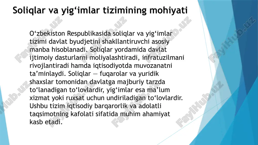 larini aniqroq va shaffofroq qiladi. yuridik shaxslar to‘laydigan soliqlar yuridik shaxslar — korxona va tashkilotlar davlatga bir qator soliqlar to‘laydi. eng asosiylari: foyda solig‘i, yer solig‘i, mol-mulk solig‘i va qo‘shilgan qiymat solig‘idir. ushbu soliqlar korxonalarning moliyaviy natijalariga qarab hisoblanadi. yuridik shaxslarga ayrim hollarda, masalan, eksport faoliyatini rivojlantirish yoki yangi texnologiyalar joriy etish bo‘yicha soliq imtiyozlari beriladi. bu imtiyozlar biznes muhitini yaxshilash, investitsiyalarni jalb etish va raqobatni rivojlantirishga xizmat qiladi. jismoniy shaxslar to‘laydigan soliqlar jismoniy shaxslar asosan daromad solig‘i, mol-mulk solig‘i va transport vositalariga solinadigan soliqlarni to‘laydi. daromad solig‘i eng asosiy hisoblanadi, u ish haqi va boshqa daromad manbalaridan ushlab qolinadi. bundan tashqari, fuqarolar egalik qiladigan ko‘chmas mulk, yer va avtomobillar uchun ham soliq to‘laydilar. davlat bu soliqlar orqali ijtimoiy tenglikni saqlash, boylik taqsimotini muvozanatlashtirish va mahalliy byudjetlarni to‘ldirishni maqsad qiladi. maxsus soliq rejimlari — bu kichik biznes subyektlari, yakka tartibdagi tadbirkorlar, fermer xo‘jaliklari va ayrim sohalar uchun belgilangan soddalashtirilgan soliqqa …
