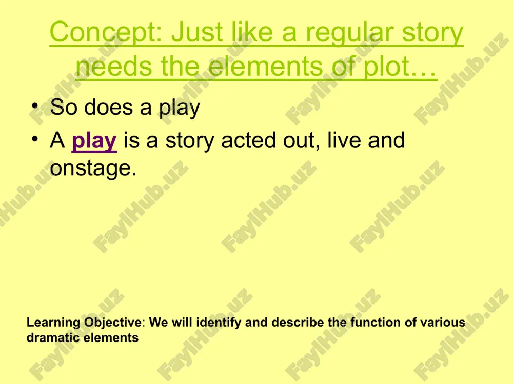 e an opposing parent, or a rival suitor. comedy con’t in comedy the obstacle is always overcome but not before complications which are often ridiculous. learning objective: we will identify and describe the function of various dramatic elements dramatic conventions drama has its own conventions, or traditions, including the script and stage directions. the script is the text of the play. it includes all of the words that actors will speak and some instructions for the actors, designers and director. learning objective: we will identify and describe the function of various dramatic elements speaking the part dialogue: the conversation between characters in a play . monologue: a long speech made by one actor to one or more other characters onstage. soliloquy: a speech by a single actor who is alone on stage speaking to himself or herself or to the audience. playwrights often use monologues and soliloquies to develop ideas …