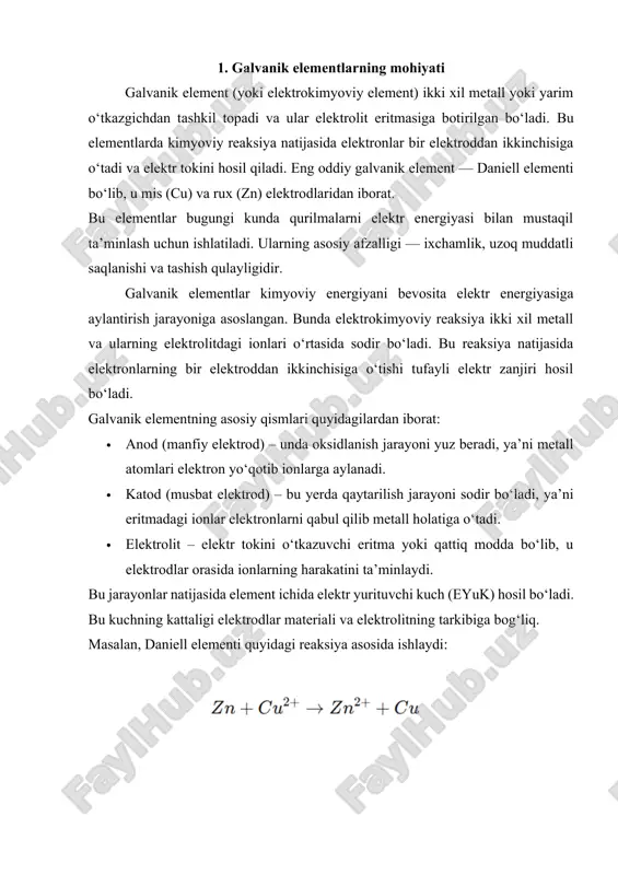lvanik elementlarning ishlash tamoyili asosida yaratilgan zamonaviy batareyalar va akkumulyatorlar ham xuddi shu elektrokimyoviy jarayonlarga tayanadi. biroq, galvanik element bir marta ishlatiladi, akkumulyator esa zaryadlash orqali qayta ishlatilishi mumkin. bugungi kunda galvanik elementlarning samaradorligini oshirish uchun yangi materiallar, ayniqsa litiy, kobalt, grafit va boshqa ilg‘or moddalardan foydalanilmoqda. ular yuqori sig‘im, uzoq muddatli ishlash va tez zaryadlanish xususiyatlariga ega. galvanik elementlarning yana bir muhim xususiyati — ularning barqaror va xavfsiz ishlashidir. ular portlash xavfi kam, texnik xizmatni talab qilmaydi va har xil iqlim sharoitlarida barqaror ishlay oladi. shu sababli ularni aerokosmik texnologiyalar, dengiz navigatsiyasi, tibbiyot asboblari va harbiy texnikalarda keng qo‘llash mumkin. elektrokimyo sohasi rivojlanishi bilan galvanik elementlar nafaqat energiya manbai sifatida, balki ilmiy tadqiqotlar, texnik modellar va sanoat jarayonlarining asosiy qismi sifatida ham muhim o‘rin egalladi. ular orqali kimyoviy reaksiyalarni o‘lchash, elektrod potensiallarini aniqlash va yangi materiallar sinovdan o‘tkazish mumkin. galvanik elementlarning mohiyatini chuqur o‘rganish nafaqat energiya texnologiyasini rivojlantiradi, balki …
