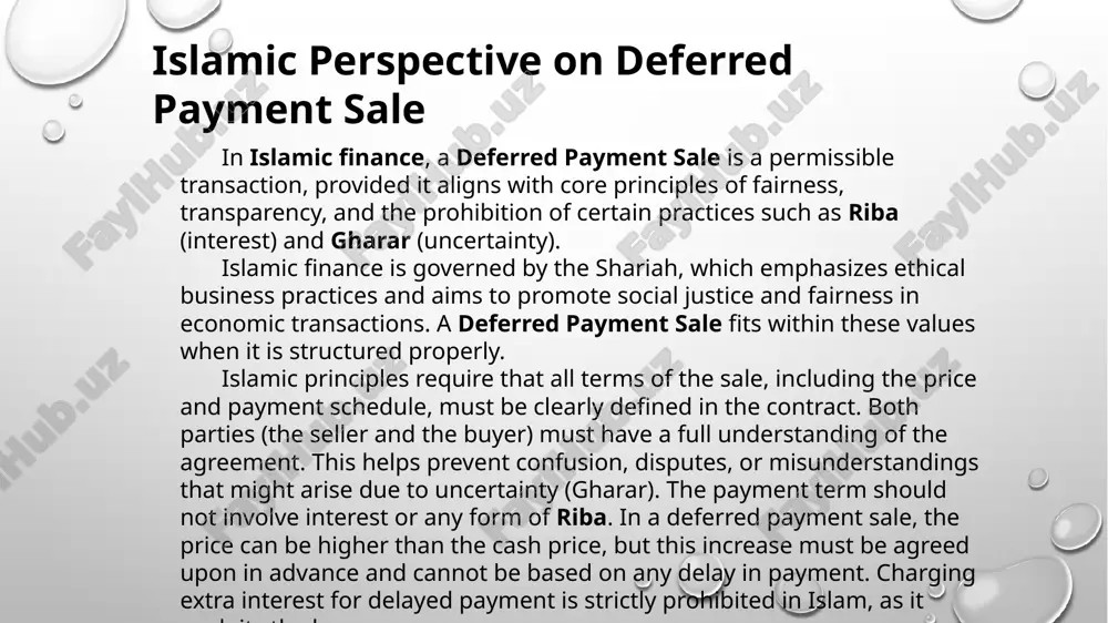 ment sale is the possibility that the buyer may fail to make the payments as agreed. this can lead to financial losses for the seller, especially if the terms of the payment schedule are not adequately enforced. sellers should ensure that the payment terms are clear, and consider conducting credit checks or requiring deposits to reduce the risk of non-payment. in cases where payments are delayed, the seller should act in accordance with the agreed terms for late payment, without resorting to riba (interest). gharar refers to excessive uncertainty or ambiguity in contracts, which is prohibited in islamic finance. if the terms of the deferred payment sale are not clearly defined, such as unclear prices, payment dates, or conditions for default, this could lead to disputes or misunderstandings. it is essential to ensure that all terms of the contract are explicit, including the total price, payment schedule, and any penalties …