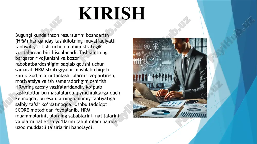 resources): muammoni hal qilish uchun mavjud imkoniyatlar hrm tizimini yaxshilash va mavjud muammolarni hal qilish uchun kompaniyalar quyidagi resurslardan foydalanishlari mumkin: samarali kadrlar tanlovi tizimini joriy etish – innovatsion yondashuvlar va sun’iy intellekt asosida nomzodlarni tanlash. rag‘batlantirish tizimini yaxshilash – ish haqining shaffofligi va natijaga asoslangan mukofot tizimini joriy etish. xodimlarni rivojlantirish dasturlarini amalga oshirish – doimiy o‘qitish va malaka oshirish dasturlarini kengaytirish. texnologik yangilanishlarni qo‘llash – hrm jarayonlarini avtomatlashtirish va zamonaviy platformalardan foydalanish. samarali yetakchilik dasturlarini ishlab chiqish – rahbarlarning boshqaruv mahoratini oshirishga yo‘naltirilgan trening va kurslarni tashkil etish. 5. ta’sir (effects): uzoq muddatli natijalar agar hrm strategiyalari to‘g‘ri yo‘lga qo‘yilsa, quyidagi uzoq muddatli natijalarga erishish mumkin: xodimlarning sadoqati ortadi – ishga qoniqqan xodimlar kompaniyaga uzoq muddat xizmat qiladi. mehnat unumdorligi oshadi – rag‘batlantirish va rivojlanish dasturlari xodimlarning ishga bo‘lgan ishtiyoqini oshiradi. kompaniyaning raqobatbardoshligi kuchayadi – samarali hrm strategiyasi kompaniyaning bozor mavqeini mustahkamlashga yordam beradi. innovatsion rivojlanish tezlashadi – …