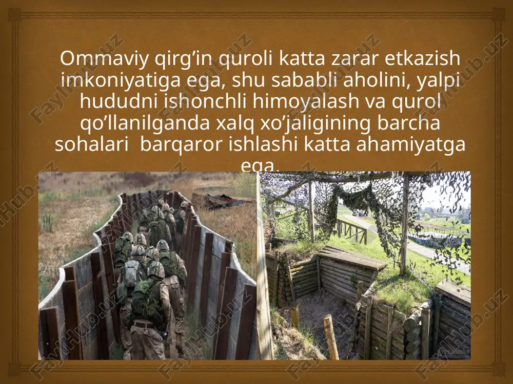 hi xonadan iborat -asosiyga kiradi: berkinuvchilar xonasi, boshqarma punkti, tibbiyot punkti, davolash muassasalarining yashirinish joylariga - operatsiya - bog’lov, operatsiya oldi - sterilizatsion xonalar. -yordamchi xonaga kiradi; yo’llari, filtrlovchi - ventilyatsiya xonalar, hojatxona, qish vaqtida xonalarni isitish uchun mo’ljallangan isituvchi xona, ayrim hollarda himoyalangan dizel qurilma va artezian qudug’i uchun mo’ljallangan xonadonlardan iborat bo’ladi. katta hajmdagi yashirinish joylarida oziq-ovqat maxsulotlarini saqlash uchun xona ajratilishi mumkin.  dala sharoitlarida jamoa himoya vositalari sifatida yengil yashirinish joylari va dala istehkomidan (blindajlardan) keng foydalaniladi. yengil yashirinish joylari ularning ishlatilishiga qarab turli hajmda bo’lishi mumkin. eng oddiy yashirinish joylari 8-10 kishiga mo’ljallangan bo’ladi, lekin ba’zi hollarda qisqa muddatga 20-25 kishini joylashtirish mumkin. ushbu yashirinish joylari rahbarlik, kuzatish hamda tibbiyot punktlari uchun ham qurilish mumkin. yashirinish joylarida havoning harorati havo namligi 70% bo’lganda 23 0c ni tashqil qilishi kerak. tibbiyot punktlari uchun havoning namligi 60% bo’lganda havo harorati 20 0s ni tashkil qilishi kerak. yashirinish …