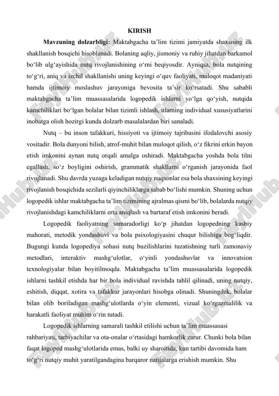 nishiga, o‘ziga ishonchini mustahkamlashga, ijtimoiy faolligini oshirishga ham xizmat qiladi. chunki logopedik mashg‘ulotlar jarayonida bola nafaqat tovushlarni to‘g‘ri talaffuz qilishni, balki diqqatni jamlash, eslab qolish, mantiqiy fikrlash, o‘z fikrini izchil bayon etish kabi ko‘nikmalarni ham egallaydi. bu esa keyinchalik maktabda o‘qish jarayoniga ijobiy ta’sir ko‘rsatadi. logopedik faoliyatda foydalaniladigan metod va vositalar xilma-xildir: artikulyatsion mashqlar, fonematik eshituvni rivojlantirish, nafas mashqlari, tovush differensiasiyasi, so‘z boyligini kengaytirish, bog‘lanishli nutqni shakllantirish kabi usullar bola yoshiga va nutqiy muammosining xususiyatiga qarab tanlanadi. har bir mashg‘ulot bolaning psixologik holatini inobatga olgan holda, o‘yin, she’r, qo‘shiq, topishmoq yoki hikoya asosida tashkil etilishi lozim. shu tariqa bolalarda nutqqa qiziqish uyg‘onadi, o‘z fikrini ifoda etish istagi ortadi. zamonaviy logopedik ishlarni tashkil etishda axborot-kommunikatsiya texnologiyalari, multimedia vositalari, interaktiv o‘yinlar, audio va video materiallardan foydalanish natijadorlikni yanada oshiradi. shuningdek, logopedik jarayonda bolaning nutqini yozib olish, keyinchalik uni tahlil qilish, o‘z xatolarini eshitib, to‘g‘rilash imkoniyati ham samarali usullardan biridir. bu esa logopedga …