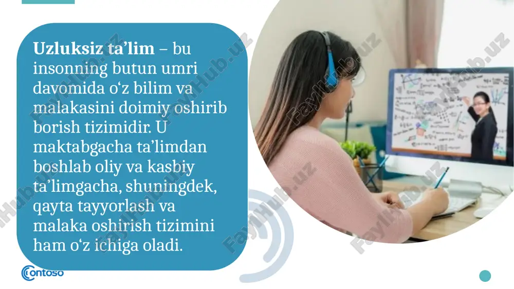 tadi. o‘qituvchidan raqamli kompetensiyalar, kommunikativ madaniyat va kreativ yondashuv talab qilinadi. 16 masofaviy ta’limda baholash tizimi masofaviy ta’limda an’anaviy baholashdan farqli ravishda: elektron testlar, onlayn viktorinalar, avtomatik baholash tizimlari qo‘llaniladi. formativ (joriy) va summativ (yakuniy) baholashlar raqamli vositalar orqali amalga oshiriladi. akademik halollikni ta’minlash uchun proktorlik (nazorat) tizimlari, masalan, proctoru, respondus, safeexambrowser kabi platformalar ishlatiladi. 17 masofaviy ta’limning ijtimoiy-iqtisodiy ahamiyati masofaviy ta’lim: ta’limga hududiy tenglik yaratadi (qishloq va shahar o‘rtasidagi tafovutni kamaytiradi); xotin-qizlar va nogironligi bo‘lgan shaxslar uchun yangi imkoniyatlar ochadi; davlat byudjeti va talaba xarajatlarini tejaydi; ishlab turgan insonlar uchun ikkinchi ta’lim olish imkoniyatini beradi. bu jihatlar uni uzluksiz ta’limning barqaror mexanizmiga aylantirmoqda. o‘zbekistonda masofaviy ta’lim tizimi jadal rivojlanmoqda: ziyonet, edumarket, eduon, onlayn maktab, ispring learn uzbekistan kabi platformalar faol ishlamoqda.oliy ta’lim muassasalarida moodle va google classroom tizimlari joriy etilgan. o‘qituvchilar uchun “raqamli pedagogika” kurslari yo‘lga qo‘yilgan.bu tajriba uzluksiz ta’limni raqamli asosda tashkil etishning samarali namunasidir. xulosa masofaviy va …