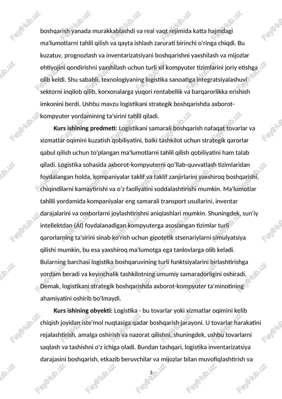 yat kasb etmoqda. ushbu mavzu ushbu texnologiyalarga tayanadigan kompaniyalarning turli amaliy tadqiqotlarini tahlil qiladi va u turli modellarning kuchli va zaif tomonlarini baholaydi. bundan tashqari, ushbu mavzu logistika axborot tizimlari real vaqtda ma'lumotlarni tahlil qilish, modellashtirish va simulyatsiya qilish orqali qaror qabul qilish jarayonini qanday yaxshilashi mumkinligini muhokama qiladi. ushbu texnologiyalarni joriy etish bilan bog'liq tendentsiyalar va muammolarni o'rganib, ushbu mavzu logistika menejerlari, biznes rahbarlari va akademik olimlar uchun ushbu vositalarni o'z tashkilotlarida samarali qo'llash bo'yicha ongli qarorlar qabul qilish uchun tushuncha berishga qaratilgan. tashish samaradorligini oshirish va xarajatlarni kamaytirishdan tashqari, axborot-kompyuterni qo'llab-quvvatlash ham ta'minot zanjiri ko'rinishini oshirishi va mijozlar ehtiyojini qondirishni yaxshilashi mumkin.. doimiy rivojlanib borayotgan texnologik landshaft sharoitida kompaniyalar logistika operatsiyalarida raqobatbardosh va samarali bo'lish uchun axborot-kompyuter yordamiga sarmoya kiritishda davom etishlari kerak. ma'lumotlar tahlili, sun'iy intellekt va boshqa rivojlanayotgan texnologiyalarni o'z ichiga olgan logistika menejerlari o'z operatsiyalari haqida chuqurroq tushunchaga ega bo'lishlari va biznes o'sishini rag'batlantirish uchun …
