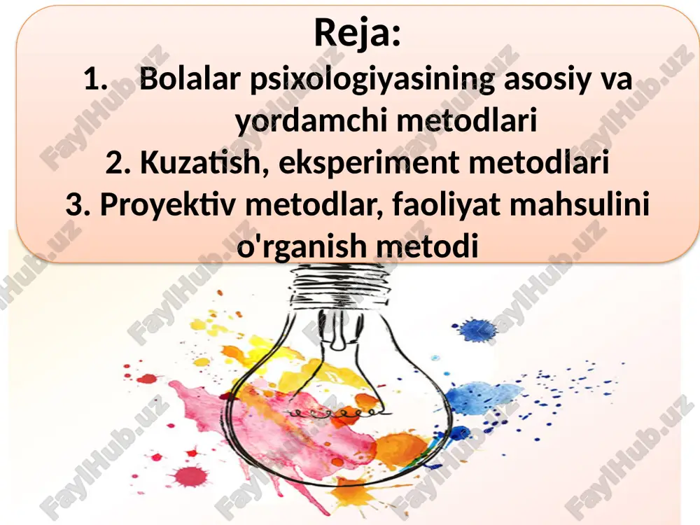 qin etar ekan proeksiya mexanizmi tufayli sinaluvchi o’z ichki kechinmalari, o’u xayollari, orzulari, qo’rquv va xavotirlarini tashqariga chiqaradi. maktabgacha yoshdagi bolalar bilan ishlaganda qo’llaniladigan odatdagi proyektiv metodikalar quyidagilardan iborat: “bola appersepsiya testi”, “jeksonning oilaviy ustanovkalari testi”, “dyuss ertaklari metodikasi” va hokazolar. ushbu metodikalarni qo’llash asosan individual ish jarayonida amalga oshirilib, ancha ko’p vaqt talab etadi. proektiv metod bilan o’tkazilgan tadqiqot natijalarini talqin etishda tadqiqotchidan katta mahorat talab qilinadi. faoliyat mahsulini o’rganish metodi. faoliyat mahsulini o’rganish orqali maktabgacha yoshdagi bolalarni o’rganish haqida gap ketganda, birinchi navbatda, bolalarning tasviriy faoliyati mahsullarini tahlil qilish nazarda tutiladi. shu tufayli tasviriy faoliyat mahsullarini o’rganishga asoslangan metodlar o’z nomi bilan grafik metodlar deb ataladi. grafik metodlar o’z ichiga rasm chizish metodikalari - “odamni chizgin”, “avtoportret”, “erkin mavzudagi rasm”, “dunyo rasmi”, “oila rasmi”, “oilaning kinetik rasmi”, “uy, daraxt. odam” “geometrik shakllardan odam rasmini yig’ish”, “daraxt” grafik testi, “grafik diktant” va boshqalarni o’z ichiga oladi. test metodida muayyan …