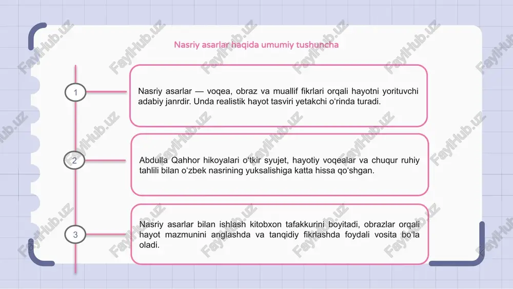 otiy saboq chiqarishga undaydi. asarlar ustida ishlayotganda matnni tahlil qilish, personajlar xatti-harakatlarini baholash va yozuvchining ifoda vositalarini aniqlash zarur hisoblanadi. e’tiboringiz uchun rahmat