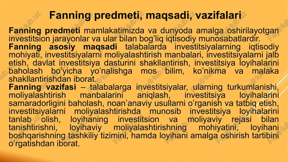 mablag‘larini biror tadbirkorlik faoliyatiga yo‘naltirish kerak, natijada esa bu mablag‘ o‘z egasiga daromad keltirishi kerak. shved iqtisodchi-olimi k.eklund fikricha: «investitsiya – bu kelajakda ko‘proq iste‘mol qilish sharoitiga ega bo‘lish uchun ertangi kunga qoldirilgan narsa. uning bir qismi hozirda ishlatilmasdan zaxiraga qoldiriladigan iste‘mol buyumlari bo‘lib, boshqa qismi esa bu ishlab chiqarishni kengaytirishga yo‘naltirilgan resurslardir». xorijlik iqtisodchi-olimlardan u.sharp, k.eklund, kempbell r.makkonell, stanli l.bryu kabilar investitsiyalarning mazmun-mohiyati yuzasidan turlicha ta‘riflarni bayon etishgan. jumladan, nobel mukofotining iqtisodiyot bo‘yicha laureati (1990 yil) u.sharp ta‘kidlashicha: «investitsiyalar kelgusida (ehtimol, nomuayyan) qiymatlik olish maqsadida hozirgi vaqtda muayyan qiymatlikdan voz kechishdir». «investitsiyalash» atamasining ma‘nosini mana bunday sharhlaydilar: «kelajakda foyda olish uchun bugun puldan ajralishdir» va hisoblaydilarki, mablag‘larni yoki real yohud moliyaviy aktivlarga investitsiyalash mumkin. ular investitsiyalash atamasi mazmunini kelajakda foyda olish maqsadida bugun pul bilan «xayrlashish»da ko‘radilar. o‘zbekiston respublikasining 2019 yil 25 dekabrdagi «investitsiyalar va investitsiya faoliyati to‘g‘risida»gi 598-son qonuni. (12 ta bob, 69 ta moddadan iborat) o‘zbekiston respublikasining …