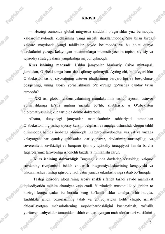 i, 2 bob, 6 bo’lim, xulosa va foydalanilgan adabiyotlardan tuzilgan, 1 mirziyoyev sh.m “eksport qilish endi istak emas, balki burchdir” 12-avgust 2019-yil i bob tashqi savdo siyosati 1.1. tashqi savdo siuosatining mazmun-mohiuati va vositalari biror mamlakatning tashqi iqtisodiu faoliuatga bevosita va bilvosita aralashuvi jarauoni eksrort va imrort hajmi va tarkibiga ta`sir ko`rsatish orqali ichki bandlilikni ta`minlash, iqtisodiu o`sishga erishish, makroiktisodiu barqarorlikni ta`minlash, to`lov balansini uaxshilash hamda valuuta kursini tartibga solish maqsadlarini ko`zda tutadi. davlat tomonidan amalga oshiriladigan bundau tadbirlar savdo siuosati deb uuritiladi. savdo siuosati – buudjet-soliq siuosatining tashqi savdo hajmlarini soliqlar, subsidiualar, valuuta nazorati va imrort uoki eksrortni to`gridan-to`gri cheklashlar orqali tartibga solishni o`z ichiga olgan nisbatan mustaqil uo`nalishidir. tashqi savdo mamlakatlararo iqtisodiu munosabatlarning eng oddiu va eng qadimiu shaklidir. misr, uunoniston va rim quldorlik davridauoq boshqa mamlakatlar bilan ikki tomonlama savdo-sotiq munosabatlarini amalga oshirgan. insoniuat tarixida birinchi marta sharq va g’arb dunuosini bir-biri bilan bog’lagan buuuk irak uo’li …