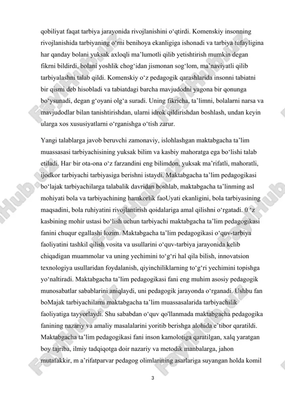 fatparvar pedagog olimlarining asarlariga suyangan holda komil insonni tarbiyalashning qonun, qoida va tamoyillariga asoslanadi. maktabgacha ta’lim pedagogikasining milliy asoslari: ta’limtarbiya masalalari, har bir millatning milliy merosiga, umum- bashariy qadriyatlariga bog‘langan holda bog‘cha yoshidan boshlab o‘zligini anglash, erkin fikrlash, g‘urur tuyg‘ularini shakllantirishga qaratiladi. maktabgacha ta’lim pedagogikasi o‘quv qo‘llanmasini qayta to'ldirilgan nashrida 0 ‘zbekistonda barkamol avlod ma’naviyalini shakllantirish borasidagi islohotlar, maktab faoliyatini modernizatsiyalash, ya’ni ta’lim-tarbiya ishlari samaradorligini oshirishga doir mtm konsepsiyasi, «davlat talablari», mtm nizomlari hamda «bolajon» tayanch dasturi yaratilib, amaliyotda qo’llanilayotganligi masalalariga e’tibor qaratildi. insonni har tomonlama barkamol qilib tarbiyalash, xalqimizning azaliy orzusi bo‘lib, ajdodlarimiz ma’rifat, ma’naviyat va madaniyatni qanday qilib yosh avlodga o‘rgatish, ulami komillikka yetaklash yo‘llari, qonun-qoidalarini muttasil izlaganlar. bu esa pedagogika fanining maydonga kelishiga sabab bo‘lgan. chunki insonning ma’rifatli va ma’naviy komillikka erishishi pedagogika fanining yetakchiligida amalga oshiriladi. pedagogika yunoncha so‘z bo‘lib, «bola yetaklovchi» ma’nosini bildiradi. insonning ma’rifiy va ma’naviy barkamollikka munosabatini o‘zgartirib borishi natijasida pedagogika fani xalq …