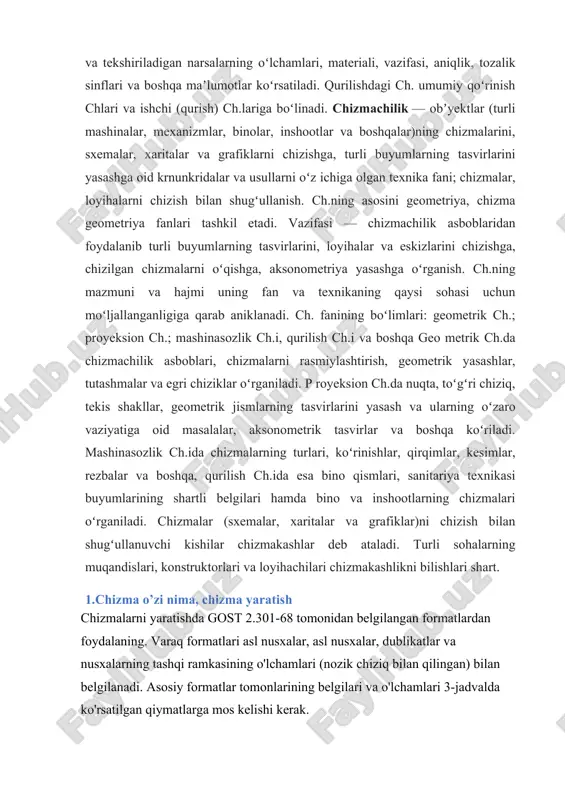ruxsat beriladi (7-rasm). agar kerak bo'lsa, yon o'lchamlari 148 x 210 mm bo'lgan a5 formatidan foydalanishga ruxsat beriladi. 7-rasm - qo'shimcha formatlar asosiy formatlarning qisqa tomonlarini ularning o'lchamlarining karrali miqdoriga oshirish orqali shakllantirilgan qo'shimcha formatlardan foydalanishga ruxsat beriladi . olingan formatlarning o'lchamlari odatda 4-jadvalga muvofiq tanlanishi kerak. 4-jadval - formatlar ko'plik format a0 a1 a2 a3 a4 2 1189x1682 - - - - 3 1189x2523 841x1783 594x1261 420x891 297x630 4 - 841x2378 594x1682 420x1189 297x841 5 - - 594x2102 420x1486 297x1051 6 - - - 420x1783 297x1261 7 - - - 420x2080 297x1471 8 - - - - 297x1682 9 - - - - 297x1892 loyqa formatning belgilanishi asosiy formatning belgilanishi va uning jadvalga muvofiq ko'pligidan iborat, masalan, a0x2, a4x8 va boshqalar. masshtab masshtab - chizmada tasvirlangan ob'ekt o'lchamlarining haqiqiy o'lchamlariga nisbati. rasmlar haqiqiy o'lchamda yaratilgan chizmalar ob'ektning haqiqiy o'lchamlari haqida aniq tasavvur beradi. biroq, agar ob'ektning o'lchami juda kichik …