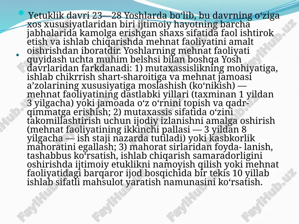 ikning ortishi 25 yoshgacha davom etishini, barqarorlashuvi esa 25 yoshdan keyin ham davom qiliishni ta’kidlaydi. b.g.ananev laboratoriyasida olingan natijalar inson funksional darajasining oshishi 23—27 yoshdaga yigit va qizlarda 44 foiz, funksional holatining barqarorlashuvi 19,8 foiz, funksional darajaning pasayishi 36,2 foizga tengdir. bu ma’lumotlar kamolot bosqichining turli mikrodavrlarida o‘sish jihatlarining o‘zaro munosabata har xil kechishini ko‘rsatib turibdi. . 1.yetuklik psixologiyasi necha yoshlarni o’z ichiga oladi? 2. psixofiziolog p.plazarevning fikricha yetuklik psixologiyasi qanday? 3. s.v.kravkov sezgirlikning ortishi necha yosh? /docprops/thumbnail.jpeg