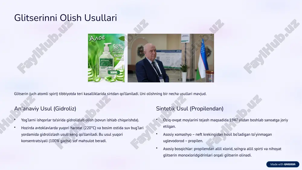 i. 6 asosiy aldegid preparatlari: olinishi va xususiyatlari uchta asosiy dori moddasi - formalin, xloralgidrat va geksametilentetramin sanoatda o‘ziga xos usullar bilan sintez qilinadi. formalin metil spirtini havo kislorodi bilan oksidlab olinadi. 40% li suvdagi eritmasi (36.5–37.5% formaldegid) keskin hidli, rangsiz suyuqlikdir. antiseptik sifatida ishlatiladi. xloralgidrat etil spirtini xlorlash orqali olinadi. rangsiz, o‘tkir hidli kristall kukun. nerv sistemasini tinchlantiruvchi va uxlatuvchi modda sifatida qo‘llaniladi. geksametilentetramin formaldegidga ammiakning suvdagi eritmasini ta’sir ettirib olinadi. siydik yo‘llari yallig‘lanishlarida qo‘llaniladigan kukun yoki tabletka shaklidagi preparat. 7 aldegid preparatlarining chinlik va miqdoriy tahlili formalin kumush ko‘zgu, nessler reaktivi yoki feling suyuqligi, salitsil kislotasi bilan qizil rang. ishqoriy muhitda yodometrik usul (natriy tiosulfat bilan titrlash). xloralgidrat kumush ko‘zgu, feling suyuqligi, natriy gidroksid bilan xloroform hidi (ishqoriy parchalanish). neytrallash usuli (ortiqcha ishqorni xlorid kislota bilan titrlash). geksametilentetramin sulfat kislota bilan gidrolizlab formaldegid va ammiak hidini aniqlash. neytrallash usuli. xloralgidratning tarkibida xloralalkogolyatlar bor-yo‘qligi yodoform hosil bo‘lish reaksiyasi yordamida …