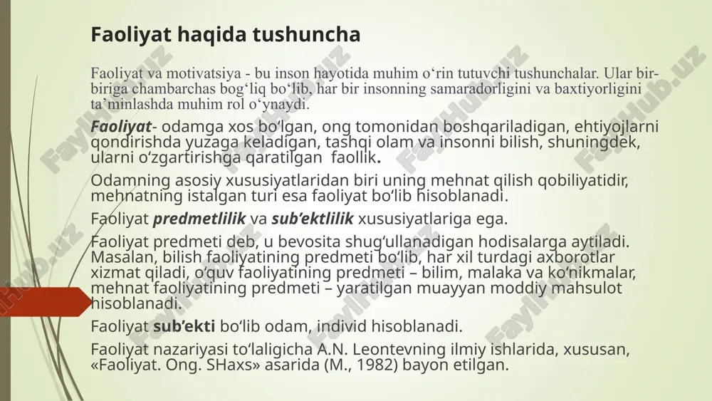 lab ijtimoiy (tashqi) shaklda mavjud bo‘ladi, keyinchalik ichki shaklga o‘tadi”. p.ya. galperin: o‘qitishda bosqichma-bosqich aqliy harakatlarni shakllantirish nazariyasini ishlab chiqib, interiorizatsiya bu jarayonning asosiy mexanizmi ekanini ta’kidlagan. aqliy harakatlar (ichki harakat) aqliy harakatlar - shaxsning ongli tarzda, ichki psixologik mexanizmlar vositasida amalga oshiradigan turli-tuman harakatlaridir. eksperimental tarzda shu narsa isbot qilinganki, bunday harakatlar doimo motor harakatlarni ham o‘z ichiga oladi. bunday harakatlar quyidagi ko‘rinishlarda bo‘lishi mumkin: 1.perseptiv–ya’ni,bular shunday harakatlarki, ularning oqibatida atrofdagi predmetlar vahodisalar to‘g‘risida yaxlit obraz shakllanadi; 2.mnemik faoliyat, narsa va hodisalarning mohiyati va mazmuniga aloqador materialning eslab qolinishi, esga tushirilishi hamda esda saqlab turilishi bilan bog‘liq murakkab faoliyat turi; 3.fikrlash faoliyati -aql, faxm-farosat vositasida turli xil muammolar, masalalar va jumboqlarni yechishga qaratilgan faoliyat; 4.imajitiv - («image» -obraz so‘zidan olingan) faoliyati shundayki, ijodiy jarayonlarda hayol va fantaziya vositasida hozir bevosita ongda berilmagan narsalarning xususiyatlash va hayolda tiklashni taqozo etadi. faoliyat turlari o‘yin - shunday faoliyat turiki, u bevosita biror …