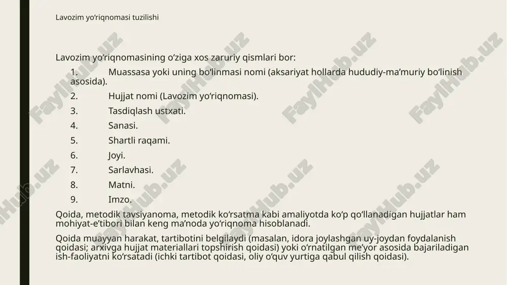 maxs us qurilish ishlari uyushmasi «avtokorxona» boshqaruvining 2019-yil 15-martdagi 2-raqamli bayonnomasi bilan tasdiqlangan 4. ish kuni tugagandan so‘ng yo‘l qog‘ozi dispetcherga qaytarilishi kerak. ayni vaqtda idishda qolgan yonilg‘i miqdori o‘lchanadi va bu o‘lchov yo‘l qog‘ozining tegishli joyiga yozib qo‘yiladi. 5. har bir avtomobil bo‘yicha yuk avtomashinalari ishlari ko‘rsatkichi kunma-kun tartibda yuk avtomobillari ishlarining hisob-kitobi qaydnomasida yozib boriladi, shu asosda dispetcher har bir oy uchun avtomobillar ishlari hisob-kitobining qo‘shma qaydnomasini tuzadi. 6. ayrim haydovchilarning xo‘jalik hisobidagi ba’zi yumushlarning bajarishlarini muntazam nazorat qilib borish uchun avtokorxonada «mashinalardan foydalanish daftari» joriy qilinadi. 7. oy tugagandan so‘ng, keyingi oyning boshidan 5 kun ichida avtokorxona bo‘yicha qo‘shma qaydnoma yo‘l qog‘ozlari va har bir mashina uchun yozilgan qaydnomalar bilan korxona xo‘jaligi hisobchisiga topshiriladi. korxona direktori ________ s. sodiqov (imzo) bosh hisobchi ________ y. xidirov (imzo) lavozim yo‘riqnomasi namunasi tashkilot yoki uning tarkibiy bo‘linmalari, kichik yoki qo‘shma korxona va shu kabilar tuzilishi, huquqi, vazifalari, burchlari, ishni tashkil …