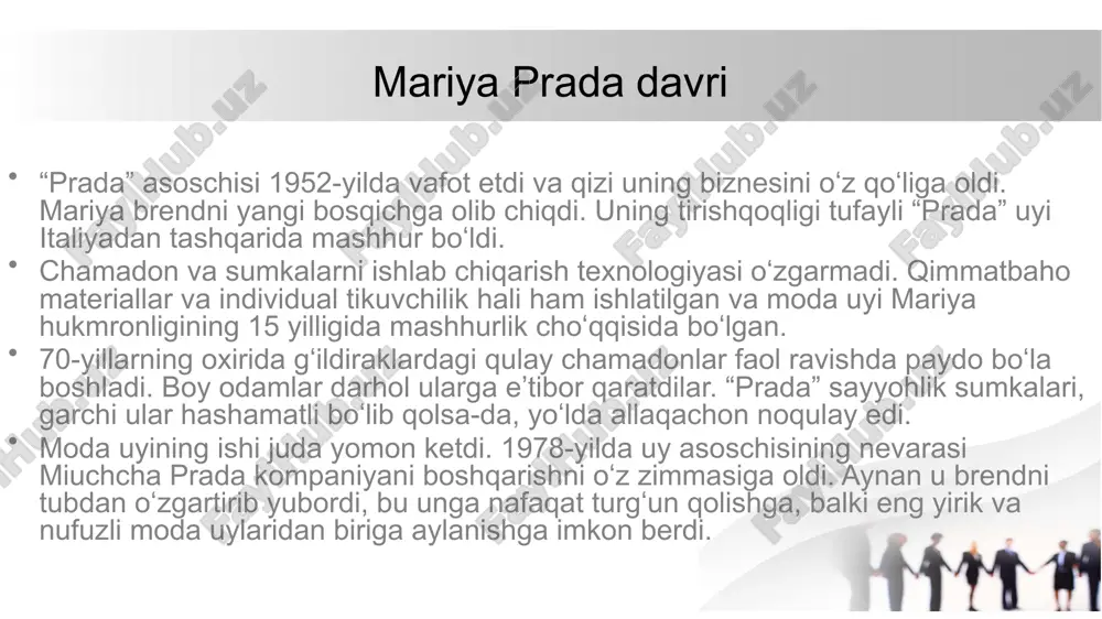 prada tufayli. kompaniyaning yangi qiyofasini yaratishga qodir bo'lgan bu ayol, prada ayolidan juda nozik uslubga ega bo'lishi mumkinligini aytadi, romantik va nazokatli, minimalizmni afzal ko'radi, bu juda yaxshi jinsiylik bilan birlashadi. modalar uyi butiklar va doʻkonlar dunyoning yirik shaharlarida prada brendi ostida koʻplab doʻkonlar ishlaydi. xususan, aqshda nyu-york, chikago, san-fransisko, las-vegas, aspen, boston, los-anjeles (beverli-xillz) kabi shaharlarda joylashgan 10 ta butik va 2 ta yirik doʻkon mavjud).shuningdek, rossiyaning moskva va sankt-peterburg shaharlarida doʻkonlar ochilgan[6] butiklar va doʻkonlar prada kiyimlari prada mahsulotlari tayyorladi: eshmamatov farrux e’tiboringiz uchun rahmat image1.jpeg image2.jpeg image3.jpeg image4.jpeg image5.jpeg image6.jpeg image7.jpeg image8.jpeg image9.jpeg image10.jpeg image11.jpeg image12.jpeg /docprops/thumbnail.jpeg
