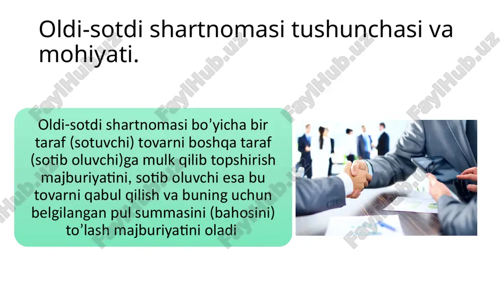 tar­tibga soladigan baholar (tariflar, rasstenkalar, stavkalar va h.k) qo’llaniladi sotuvchi zimmasiga yana bir majburiyat fkning 393-moddasida belgilab qo’yilgan. sotuvchi tovarni sotib oluvchiga uchinchi shaxs­larning har qanday huquqlaridan ozod holda topshirishi shart, sotib oluvchi shaxslarning huquqlari bo’lgan tovarni (ijaraga berilgan, garovga qo’yilgan, tekin foydalanishga berilgan tovarni) qabul qi­lishga rozilik bergan hollar bundan mustasno. sotuvchi ushbu maj­buriyatni bajarmagan hollarda xaridor tovar bahosini kamayti­rishni yoki shartnomani bekor qilib, ko’rilgan zararlar qoplanishi­ni talab qilishga haqli (sotib oluvchi bu tovarga uchinchi shaxslar­ning huquqlari borligini bilgan yoki bilishi lozim bo’lgani isbot­lanadigan hollar bundan mustasno). oldi-sotdi shartnomasi bo’yicha sotuvchi tovarni xaridorga mulk sifatida topshirishi shartnoma real ijrosining belgisi ekanligi sababli sotib oluvchi qachondan boshlab sotilgan tovarga nisbatan mulkdor bo’lib hisoblanishi muhim amaliy ahamiyat kasb etadi. v. ismli shaxs d. ismli shaxsdan engil mashina sotib oldi. shartnoma tuzilib, notarial guvohlantirildi, danda ro’yxat­dan o’tkazildi. shartnoma bo’yicha v. shartnoma ro’yxatidan o’tkazil­gan kunning ertasiga d.ga pulni to’lab, mashinani olib ketishi kerak …
