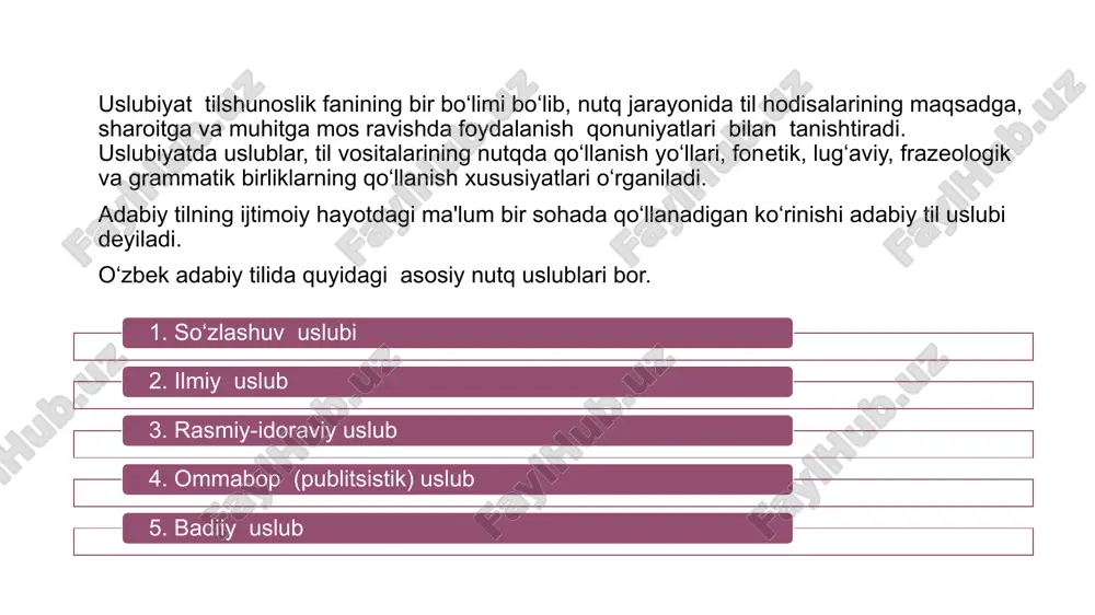 oma, hisobot kabilar ham shu uslubda yoziladi. bunday uslubdagi hujjatlar qisqa, aniq, barcha uchun tushunarli qilib tuziladi. bu uslubning asosiy belgisi: jumlalarning bir qolipda, bir xil shaklda bo‘lishi. bu uslubda ham so‘zlar o‘z ma'nosida qo‘llanadi, ko‘pchilikka ma'lum bo‘lgan ayrim qisqartma so‘zlar ishlatiladi, har bir sohaning o‘ziga xos atamalaridan foydalaniladi. rasmiy-idoraviy uslubda ko‘pincha darak gaplardan, qaror, buyruq, ko‘rsatma kabilarda esa buyruq gaplardan ham foydalaniladi. bu uslubda gap bo‘laklarining odatdagi tartibda bo‘lishiga rioya qilinadi: o‘z lavozimini suiiste'mol qilganligi uchun m.ahmedovga hayfsan e'lon qilinsin. rasmiy-idoraviy uslubi 8 publitsitika keng ma’noda ijtimoiy–siyosiy hayot masalalarini yoritadigan barcha turdagi asarlarni o‘z ichiga oladi. bu uslubning ikki turi, yani yozma va og‘zaki ko‘rinishlari mavjud. yozma turga asosan matbuot tili kiradi. tashviqot-targ‘ibot ishlarni olib borishda qo‘llanadigan uslub, ya'ni matbuot uslubi ommabop uslub hisoblanadi. bu uslubda ijtimoiy-siyosiy so‘zlar ko‘p qo‘llanadi. nutq ta'sirchan bo‘lishi uchun ta'sirchan so‘z va birikmalardan, maqol va hikmatli so‘zlardan ham foydalaniladi. bunday uslubda gap bo‘laklari odatdagi …