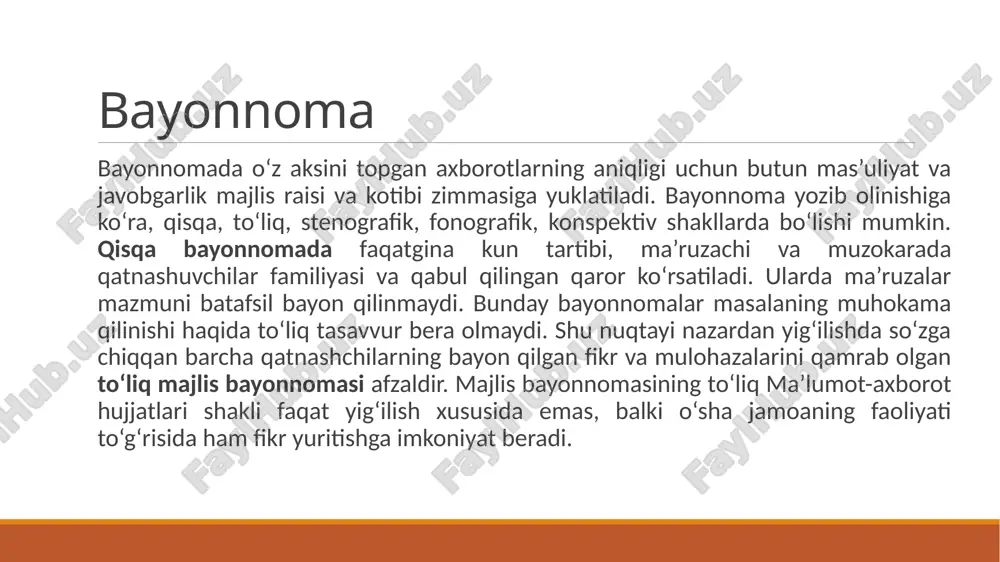 qami bilan beriladi. har qaysi masala alohida satrdan yoziladi. ularning o‘zaro tartibi masalaning dolzarbligi va muhimligiga qarab belgilanadi. majlis bayonnomasida kun tartibini bosh kelishikda ifodalash va bosh (katta) harflar bilan yozish kerak. kun tartibidagi masalalarni bayon qilishda ma’ruzachining ismi, familiyasi, lavozimini alohida jumla bilan yozish maqsadga muvofiqdir. ba’zan kun tartibining oxirgi qismida «turli masalalar» sarlavhasi bilan alohida qism beriladiki, bu maqsadga muvofiq emas, chunki kun tartibidagi har bir masala aniq va ravshan bo‘lishi lozim. kun tartibi matnning asosiy qismi kun tartibi masalalariga muvofiq joylashadi. har bir bo‘lim uch qismdan iborat bo‘ladi: eshitildi, so‘zga chiqdilar, qaror qilindi. agar kun tartibida ikki yoki undan ortiq masala ko‘riladigan bo‘lsa, «eshitildi» so‘zidan oldin kun tartibidagi masalalarning raqami qo‘yiladi, so‘zdan keyin esa ikki nuqta qo‘yilib, yangi satrdan ma’ruzachining ismi, familiyasi bosh kelishikda yoziladi. familiyadan so‘ng tire qo‘yilib, ma’ruza yoki xabarning qisqacha mazmuni bayon qilinadi. agar ma’ruza matni tayyor holda bo‘lsa, tiredan keyin «matn ilova qilinadi» …