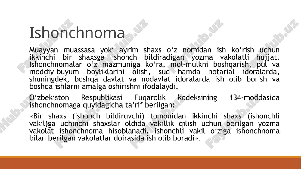 -buyum boyliklarini oluvchining shaxsiyatini tasdiqlovchi hujjatning nomi (pasport, guvohnoma). ishonchnomaning zaruriy qismlari aniq, buzilmasdan, tuzatishlarsiz rasmiylashtirilishi kerak. aks holda, moddiy buyum boyliklarini berish ruxsat etilmaydi, bunday ishonchnomalarni rasmiylashtirish, berish va qayd etish tartibiga rioya qilish, shuningdek, ulardan foydalanish yuzasidan nazorat etish korxona bosh (katta) hisobchisining vazifasidir. ishonchnomalarning ikkinchi turi shaxsiy, ya’ni ayrim shaxs tomonidan boshqa bir shaxsga muayyan ishni bajarish uchun ishonch bildirib berilgan yozma hujjatdir. muayyan tashkilotdan pul yoki qimmatbaho buyum, zaruriy hujjatlar olish, avtomobilni boshqarish, oldi-sotdi shartnomalarini rasmiylashtirish, mulkni boshqarish va boshqa xususiy ishlarni bajarish uchun ishonch bildiriladi. shaxsiy ishonchnomalarning eng ko‘p tarqalgani pul (maosh, nafaqa va boshqalar) olish uchun yozilgan ishonchnomadir. bunday yozma vakolat ba’zan vakolat beruvchining talabi, xohishi bilan notarial tasdiqlanishi ham mumkin, lekin uni majburiy notarial tasdiqdan o‘tkazish shart emas. ishonch bildiruvchi shaxsning imzosi u ishlayotgan yoki o‘qiyotgan joy rahbariyati, u yotib davolanayotgan tibbiy muassasa ma’muriyati, harbiy qism qo‘mondonligi va shu kabilar tomonidan tasdiqlanishi mumkin. …