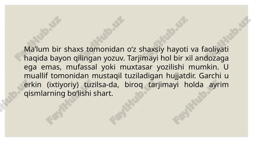 ay qolish, reja yoki ayrim topshiriqni bajarmaganlik, belgilangan tartib-qoidalarga rioya qilmaganlik va boshqalar) va ularning sabablari izohlanadi, dalillanadi. bevosita xodim (muallif) tomonidan imzolanadigan bunday tushuntirish xati oddiy qog‘ozga yoziladi. shaxsiy tushuntirish xatlari, odatda, mansabdor (rahbar) shaxsning talabi bilan yoziladi, chunki u keyinchalik xodim haqida muayyan qarorga kelish, unga nisbatan tegishli intizomiy jazo chorasi qo‘llash yoki, dalillar asosli (uzrli) bo‘lsa, qo‘llamaslik uchun asos vazifasini o‘tashi mumkin. tushuntirish xati zaruriy qismlari 1. hujjat yo‘llanayotgan tashkilot yoki mansabdor shaxsning to‘liq nomi. 2. hujjatni tayyorlagan (yozgan) muassasa yoki shaxsning to‘liq nomi. 3. hujjat turining nomi (tushuntirish xati). 4. hujjat matni (mazmuni). 5. imzo. 6. sana (hujjat yozilgan vaqt). tushuntirish xati tashqi, xizmat yuzasidan korxona, muassasa va hokazolar nomidan yoziladigan tushuntirish xatlari xos ish qog‘ozida rasmiylashtiriladi va ularning to‘liq nomi ushbu ish qog‘ozida aks etadi. ichki tushuntirish xatlarida esa rahbar yoki xodimning to‘liq nomi deyilganda, u ishlaydigan (o‘qiydigan) bo‘lin maning nomi, shaxs lavozimi, ismi, otaismining …