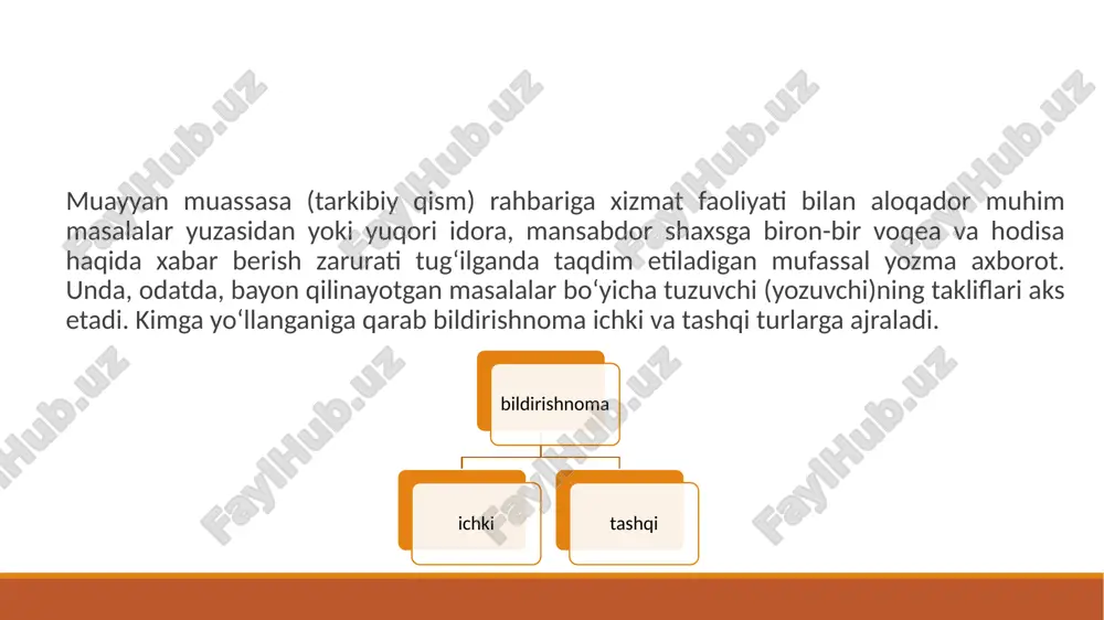 birinchi qismda uning yozilishiga sabab bo‘lgan dalillar, voqealar bayon qilinishi, ikkinchi qismida esa xulosalar va aniq ish-harakatlar haqidagi takliflar aks etmog‘i zarur. muallifning fikricha, bunday ish-harakatlar bayon qilingan voqealar munosabati bilan yuqori idora yoki mansabdor shaxs tomonidan bajarilishi kerak. agar bildirishnomada bayon qilinayotgan ma’lumotlar aniq bir sana yoki vaqt oralig‘iga taalluqli bo‘lsa, xuddi ma’- lumotnomadagidek, ushbu vaqt matndan alohida zaruriy qism sifatida ajratilib, matn oldidan joylashtiriladi. masalan «2017- yil 1-yanvardagi holatga ko‘ra» yoki «2018-yilning 1-yanvaridan 1-sentabrigacha bo‘lgan davr uchun». bu ma’lumotlarni matn sarlavhasiga qo‘shib yuborish ham mumkin. 1–4-ilovalarda bildirishnoma namunalari, 5-ilovada uning boshqa bir shakli, 6–7-ilovalarda bildirish namunalari berildi. bildirishnoma namunasi bildirishnoma namunasi yuqorida keltirilgan bildirishnoma namunalarining deyarli barchasi ariza shakliga o‘xshash. bildirishnomaning yana bir shakli ham borki, unda tarkibiy qismlarning joylashishi biroz boshqacharoq. bunday bildirishnomalarda muassasa, tarkibiy bo‘linma nomi, hujjat nomi, uning yozilish sanasi hamda matn sarlavhasi qog‘oz varag‘ining yuqori chap burchagiga yoziladi, bildirishnoma yo‘llanayotgan shaxs nomi o‘z o‘rnida, …