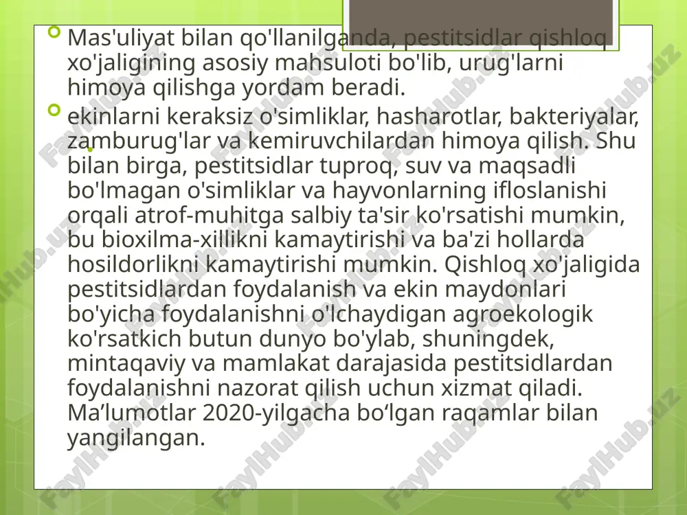 'simliklar o'sishini regulyatorlari, dezinfektsiyalash vositalari va shunga o'xshash mahsulotlar kichik sarlavhasi ostida boshqa pestitsidlar mahsulotlari bilan birlashtiradi. . 2020-yilda osiyo pestitsidlar eksportining eng yuqori darajasiga ega boʻldi, bu 3,7 million tonnaga toʻgʻri keladi, bu 16.1 milliard aqsh dollariga teng. 1-rasmda koʻrsatilgandek. mintaqa uchun pestitsidlarning katta miqdori asosan dezinfektsiyalash vositalarining oʻtgan yilga nisbatan 450 foizdan koʻproqqa oshgani bilan bogʻliq. mintaqa shuningdek, eng ko'p pestitsidlarni dunyoning boshqa mintaqalariga mos ravishda 2,5 mt va 10,8 milliard dollar miqdorida va qiymati bilan eksport qildi . e’tiboringiz uchun rahmat image2.png image3.png image4.png image5.png image6.png image7.png /docprops/thumbnail.jpeg