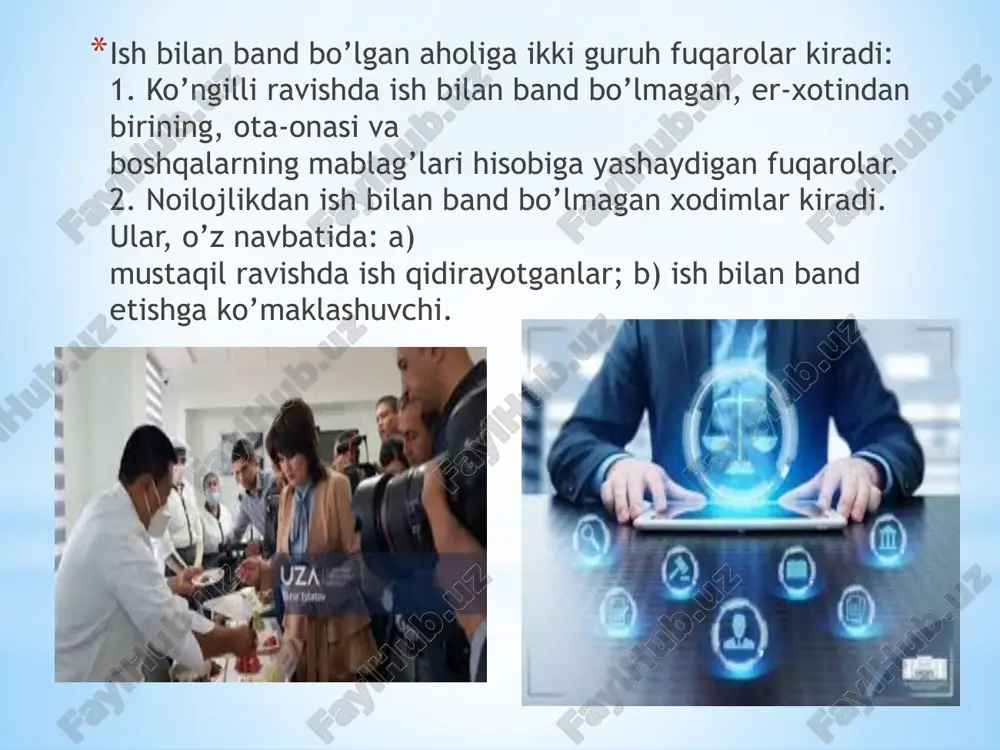 ash, kapital mablag‘lar, reklama, “bandlik” axborot xizmati). . ijtimoiy yo’naltirilgan iqtisodiyotning eng muhim mezoni ish bilan bandlikka bo’lgan munosabatdir. ish bilan bandlik kompleks ijtimoiy siyosatning ajralmas qismi deb qaraladi. ish bilan bandlik muammolarining ijtimoiyligi uning avval, boshdan inson, uning manfaatlari va mehnat sohasidagi ehtiyojlariga qaratilganligi bilan belgilanadi.ish bilan bandlikning eng kam deganda to’rt ijtimoiy jihatini hisobga olish lozim: ish bilan bandlik insonning konstitutsiyada belgilab berilgan eng muhim huquqi – mehnat huquqi bilan mustahkam bog’liqligi . o’zbekiston respublikasining “aholini ish bilan bandligi to’g’risida”gi qonuni. o’zbekiston res publikasining “aholin ish bilan ta’minlash to’g’risida”gi qonuni.13 yanvar 1992yilda qabul qilingan to’qqizta moddadan iborat bo’lib o’zbekiston respublikasining “aholini ish bilan bandligi to’g’risida”gi qonuni 13yanvar 1992 yilda qabul qilingan. u to’qqizta moddadan iborat. 1-modda. axolini ish bilan ta’min lash to’g’risidagi qonun xujjatlari; 2 - modda. axolini ish bilan ta’minlash; 3 - modda. ishsiz deb e’tirof etish; 4- modda. maqbul keladigan ish; 5- modda. axolini ish bilan …
