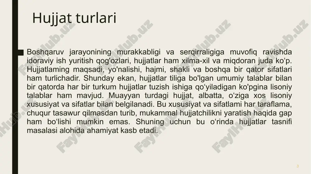 yat va h.k.). muassasa yoki mansabdor shaxslarga tegishli shaxsiy hujjatlar hujjatlaming tayyorlanish xususiyati va darajasi bo‘yicha turlari hujjat qoralama asl nusxa nusxa 2-nusxa ko’chirma hujjatlaming tayyorlanish xususiyati va darajasi bo‘yicha turlari hujjatlaming tayyorlanish xususiyati va darajasi ham benihoya muhim. bu jihatiga ko‘ra hujjatlar quyidagicha tasniflanadi: qoralama; asl nusxa; nusxa; ikkinchi nusxa (dublikat); ko'chirma. aksar hujjatlar dastlab qoralama nusxada tayyorlanadi, bu hujjat muallifi, ya’ni tayyorlovchining qo‘lyozma yoki kompyuterda ko‘chirilgan dastlabki nusxasidir. bu nusxa tuzatilib, qayta ko'chirilishi mumkin. aytish joizki, qoralama hujjat huquqiy kuchga ega emas. asl nusxa har qanday hujjatning asli, birinchi rasmiy nusxasidir. asl nusxaning aynan qayta ko‘chirilgan shakli nusxa deb yuritiladi, odatda, o‘ng tomonidagi yuqori burchagiga «nusxa» degan belgi qo‘yiladi. hujjatlaming tayyorlanish xususiyati va darajasi bo‘yicha turlari hujjatchilikda, shuningdek, aynan (faksimil) va erkin nusxalar ham farqlanadi. aynan nusxa asl nusxaning barcha xususiyatlarini - hujjat zaruriy qismlarining joylashishi, mav- jud shakliy belgilar (gerb, yumaloq muhr, to‘rtburchak muhr, nishon kabi), matndagi …