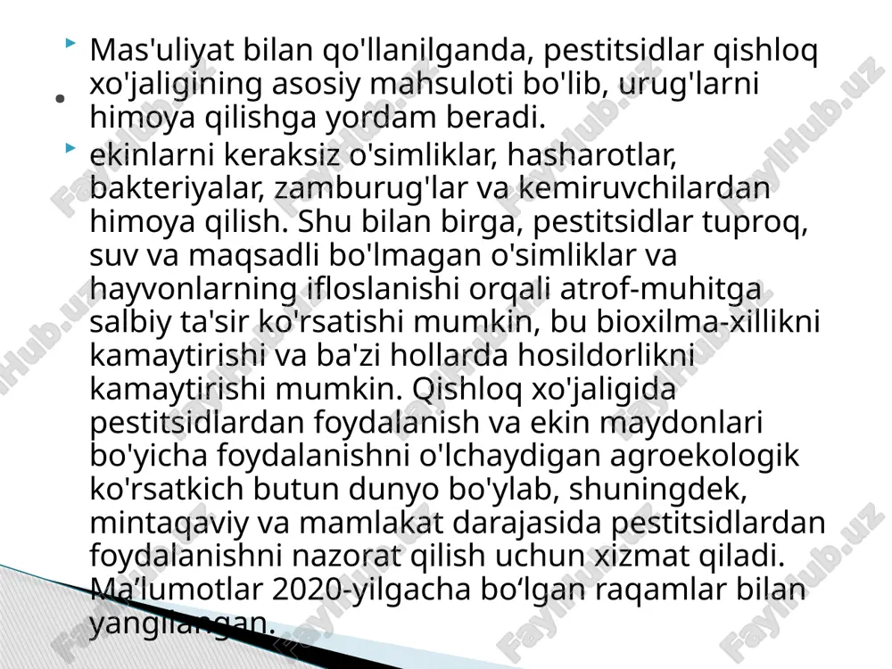 ari, dezinfektsiyalash vositalari va shunga o'xshash mahsulotlar kichik sarlavhasi ostida boshqa pestitsidlar mahsulotlari bilan birlashtiradi. . 2020-yilda osiyo pestitsidlar eksportining eng yuqori darajasiga ega boʻldi, bu 3,7 million tonnaga toʻgʻri keladi, bu 16.1 milliard aqsh dollariga teng. 1-rasmda koʻrsatilgandek. mintaqa uchun pestitsidlarning katta miqdori asosan dezinfektsiyalash vositalarining oʻtgan yilga nisbatan 450 foizdan koʻproqqa oshgani bilan bogʻliq. mintaqa shuningdek, eng ko'p pestitsidlarni dunyoning boshqa mintaqalariga mos ravishda 2,5 mt va 10,8 milliard dollar miqdorida va qiymati bilan eksport qildi . e’tiboringiz uchun rahmat . image1.jpeg image2.png image3.png image4.png image5.png image6.png image7.png /docprops/thumbnail.jpeg