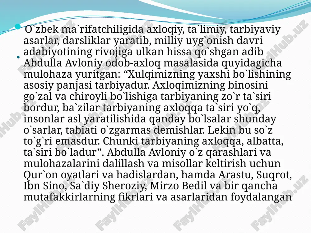 ham ruhiy-ma’naviy, ham moddiy jihatdan yemira boshlaydi. avloniy “turkiy guliston yoxud axloq” asarida yuqoridagi kabi bir qancha insoniylik sifat va fazilatlari xususida mulohaza yuritadi. “yaxshi xulqlar” va “yomon xulqlar” turkumiga ajratgan holda inson ma’naviy qiyofasining rangin manzaralariga sayqal beradi. . abdulla avloniy kishining ilm olishini eng oliy fazilat hisoblaydi. uning aytishicha, ilm agar jamiyat manfaatiga xizmat qilmasa, ilm xalq farovonligi yo’lida qo’llanilmasa, u o’likdir. shuning uchun ham, adib xalqqa ko’proq nafi tegadigan ilm-hunar bilan shug’ullanishni taklif etadi. buyuk ma’rifatparvar o’z ijodida ham, hayotiy faoliyatida ham takabburlik, manmanlikni inson boshiga yomon oqibatlar keltiruvchi illat sifatida qoralaydi, do’stlik va mehnat tarbiyasiga alohida e’tibor beradi. u haqiqiy do’st orttirish yoshlikdan boshlanishini, bu sifatlarni bolaga yoshligidan singdirib borish zarurligini aytadi. . avloniyning fikricha, mehnat kishini baxtiyor va saodatmand etadigan, unga shuhrat olib beradigan qandaydir g’ayritabiiy qudrat emas. balki, mehnat o’z nomi bilan mehnat. binobarin, u kishidan kuch va iroda talab etadigan faoliyatdir. avloniy tarbiyani …