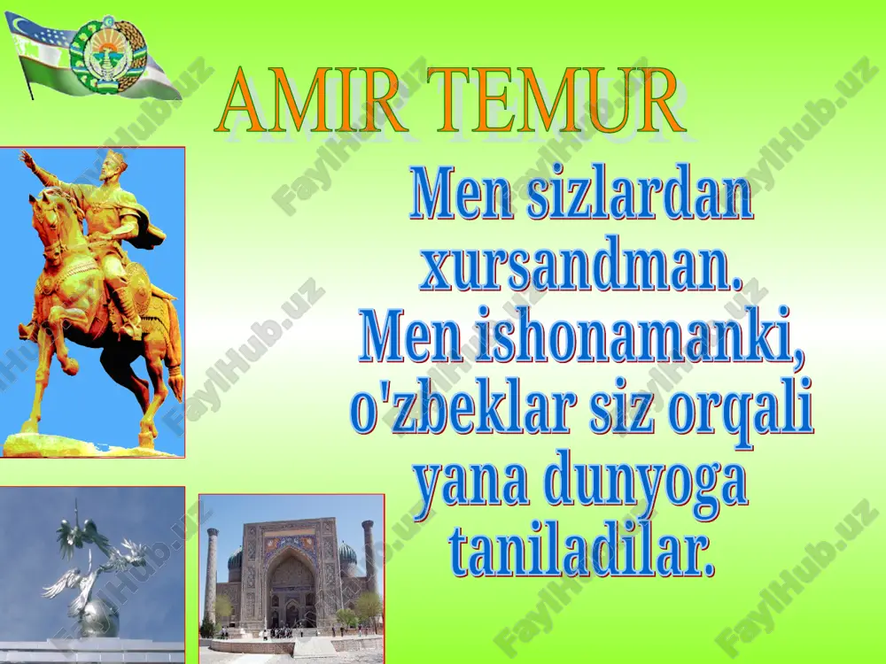 hoir deyishadi. har kimki vafo qllsa, vafo topqusidir, har kimki jafo qilsa, jafo topqusidir. yaxshi kishi ko'rmagay yomonlik hargiz, har kimki yomon bo'lsa, jazo topqusidir. ona sabog'i yoz oxirlab borayotgan damlar. osmon ko'zguday tiniq, musaffo. yetti yashar mitti zahiriddin onajonisining yonginasida. ona-bola o'zaro dillashadilar. hozir dilbandi derazadan ko'kka boqib qolgan edi. u osmondagi uyum-uyum paxtani eslatuvchi bulutlarga javdirab qarardi. — hazrat onajon, — dedi jajji bobur. — shu bulutlarni qo'l bilan ushlab bo'ladimi? voy, bolajonim! — kuladi onasi. — momiq emaski, qo'l bilan tutib bo'lsa. ular suv zarralari-ku. faqat bug' holatida. bug'lardan esa bulutlar paydo bo'ladi. ular yomg'irmi-qorga aylanib yog'ayotgandagina qo'lingizni tutsangiz... ha-a-a... angladim, angladim. boshqotirma 3 4 5 6 2 7 1 7 bilimingizni sinab ko’ring. 1) amir temur qanday hikmatga amal qilgan a) kuch adolatda. b) kuch bilim va tafakkurda. 2) alisher navoiy hayotda nimani zarur deb bilgan. a) maktabni. b) merganlikni. 3) husaynda nimaga mehr kuchli edi. …