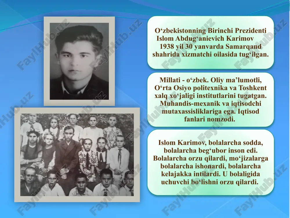 h va yana bir bor o‘rganish kerak. kasb o‘rgangan, ilm o‘rgangan kishi, o‘zbekona aytganda, hech qachon kam bo‘lmaydi” islom karimov “ona yurtimiz baxtu iqboli va buyuk kelajagi yo‘lida xizmat qilish – eng oliy saodatdir” kitobi o‘zbekistonning birinchi prezidenti rahbarligida mamlakatimiz g‘alla mustaqilligi, yoqilg‘i-energetika, transport-kommunikatsiya sohasidagi mustaqilligini ta’minlash, iqtisodiyotimizda tarkibiy o‘zgarishlarni amalga oshirish, zamonaviy korxonalar barpo etish va ularni ilg‘or texnika va texnologiyalar bilan jihozlash borasida ulkan ishlar amalga oshirildi. bugungi kunda dunyoda o‘xshashi kam bo‘lgan surgil kompleksi, angren-pop temir yo‘lidagi dunyoda uzunligi bo‘yicha 13, qurilishining murakkabligi bo‘yicha 8-o‘rinda turadigan 19,2 kilometrlik tunnelning ochilishi, toshkentdan buxoro shahriga "afrosiyob" tezyurar poezdi va farg‘ona vodiysiga o‘zbekistonda ishlab chiqarilgan vagonlardan iborat yo‘lovchi poezdining yo‘lga qo‘yilishi ilmiy va amaliy jihatdan puxta amalga oshirilgan siyosatning mevalaridir. o‘zbekiston respublikasi prezidenti shavkat mirziyoevning 2017 yil 25 yanvardagi “o‘zbekiston respublikasining birinchi prezidenti islom abdug‘anievich karimovning xotirasini abadiylashtirish to‘g‘risida”gi qarori asosida toshkent davlat texnika universitetiga, asaka shahridagi avtomobil zavodiga, farg‘ona …