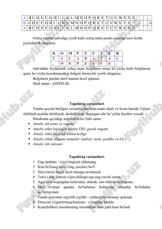 grafika va h.k.) · amaliy ish xulosasi. topshiriq variantlari: 1 eng muhimi - o'z-o'zingizni aldamang. 2 kim bo'lsang ham - eng yaxshisi bo'l! 3 sinovlarsiz hayot hech nimaga arzimaydi. 4 tarix - eng yomon o'quvchilarga ega eng yaxshi ustoz. 5 agar seni orqangdan tufursalar, demak, sen oldinda ketyapsan. 6 men o'zimni qanday bo'lishimni hohlasam, shunday bo'lishdan qo'rqmayman. 7 tunda quyoshni sog'inib yig'lab - yulduzlarni sezmay qolasan. 8 dunyoni o'zgartirmoqchimisan - o'zingdan boshla. 9 kamchiliksiz insonlarning ustunliklari ham juda kam bo'ladi. 10 eng qiyini - o'z ishini anglab yetish, eng osoni - o'zgalarga nasihat aytish. 11 aqlli inson uchun pul bu vosita, nodonlar uchun maqsad. 12 agar birdan-bir maqsadingiz boyish bo'lsa, siz unga yetolmaysiz. 13 pul baxtni kafolatlab berolmaydi, ammo moddiy erkinlik beradi. 14 eng yomoni - hech bir inson bilan boshqa do'stlasholmasligingni his qilishing. 15 maqsadga yetish uchun avval unga intilish kerak. 16 barchamiz umidga muhtojmiz. usiz yashashga kuchimiz yetmaydi. …