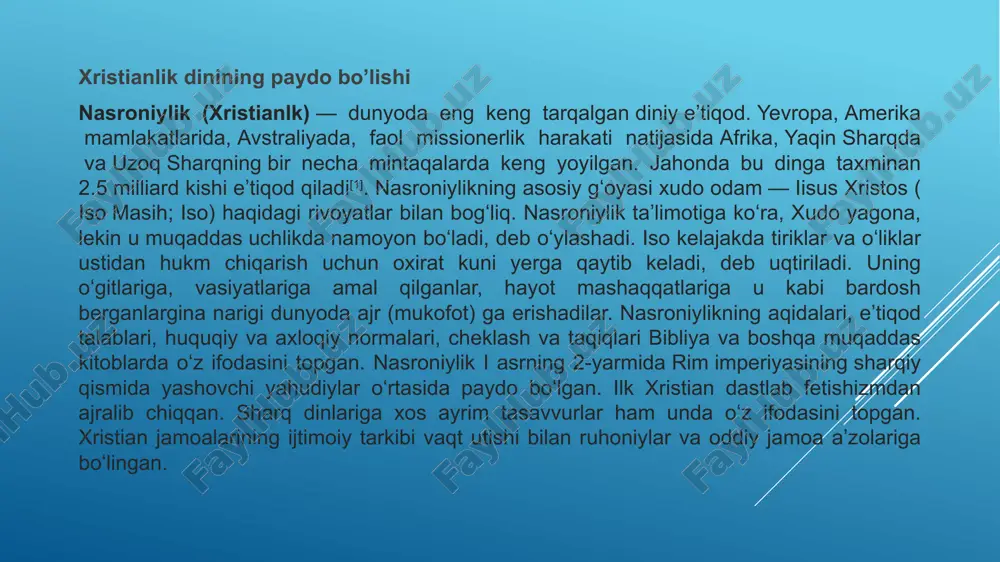 tirasi. xushbo'y moy surish: ruhni ilohiy ne'mat bilan to'ldirish marosimi. badanni yog'lash: kasallik paytida imonni mustahkamlash va shifo tilash marosimi. nikoh: er-xotin o'rtasidagi nikoh to'yi va unga bag'ishlangan marosim. tavba: gunohlar uchun tavba qilish va kechirim so'rash marosimi. qabul qilish (rohiblikka): monastirga kirish va rohiblikka qabul qilish marosimi. asosiy e’tiqod va aqidalar xudoning mavjudligi va uning birligi (trinite) iso masihning hayoti, o‘limi va tirilishi muqaddas kitob (bibliya) va uning ahamiyati gunoh va najot tushunchasi ruhiy hayot va ibodat e’tiboringiz uchun rahmat! image1.jpg /docprops/thumbnail.jpeg