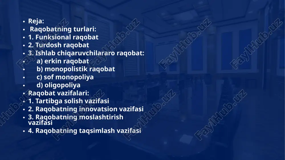 tirish vazifasi ishlab chiqarish omillarini ular eng ko‘p samara beradigan korxona, hudud va mintaqalarga oqilona joylashtirish imkonini beradi. raqobatning innovatsion vazifas raqobatning innovatsion vazifasi fan-texnika taraqqiyoti yutuqlariga asoslanuvchi hamda bozor iqtisodiyoti sub’ektlarining rivojlanishini taqozo etuvchi turli ko‘rinishdagi yangiliklarning joriy etilishini anglatadi. raqobatning moslashtirish vazifasi korxona (firma)larning ichki va tashqi muhit sharoitlariga ratsional tarzda moslashishiga yo‘naltirilgan bo‘lib, ularning shunchaki o‘zini-o‘zi saqlab, iqtisodiy jihatdan yashab qolishidan xo‘jalik faoliyati sohalarining ekspansiyasi (kengayishi)ga o‘tishini bildiradi. raqobatning taqsimlash vazifasi ishlab chiqarilgan ne’matlar yalpi hajmi (yalpi ichki mahsulot)ning iste’molchilar o‘rtasida taqsimlanishiga bevosita va bilvosita ta’sir o‘tkazadi. raqobatning nazorat qilish vazifasi bozordagi ba’zi ishtirokchilarning boshqa bir ishtirokchilar ustidan monopolistik hukmronlik o‘rnatishiga yo‘l qo‘ymaslikka yo‘naltiriladi. monopoliya nazariyasi, vazifalari va turlari. monopoliya atamasining kelib shiqichi bozorga oid tushunchalardan( yani, grekcha “monoc” –yagona, bitta va “poleo”- sotaman) tarkib topsada , uning iqtisodiy asoslari aslida ishlab chiqarishka taqaladi.monopoliyani quyidagicha tariflash o’rinli :monopoliya-monopol yuqori narxlarni o’rnatish hamda monopol yuqori foyda olish maqsadida …