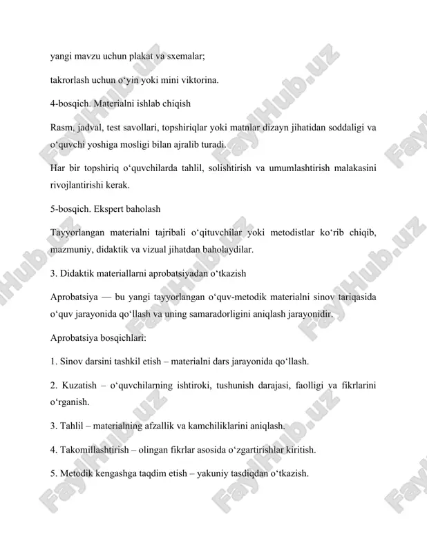 daktik materiallar va ularni aprobatsiyadan o‘tkazish ta’lim sifatini oshirishda muhim rol o‘ynaydi. ular o‘quvchilarda mustaqil o‘rganish, fikrlash va bilimni amalda qo‘llash ko‘nikmalarini shakllantiradi. shu bois har bir pedagog zamon talabiga mos, fan o‘ziga xosligidan kelib chiqadigan didaktik materiallarni ishlab chiqib, ularni dars jarayonida sinab ko‘rishi zarur. tayyorladi: amriddinova guliza test topshirig’i: 1. didaktik materiallar tayyorlashning asosiy maqsadi nimadan iborat? a) o‘quvchilarni nazorat qilish b) o‘quv jarayonini samarali tashkil etish c) o‘qituvchini baholash d) hisobot topshirish 2. didaktik materiallarni aprobatsiyadan o‘tkazish qanday ma’noni anglatadi? a) ularni chop etish b) sinov tariqasida o‘quv jarayonida qo‘llash c) arxivlash d) baholash jarayonida foydalanish 3. quyidagi vositalardan qaysi biri didaktik materialga kirmaydi? a) dars ishlanmasi b) plakat c) o‘quv film d) gazeta maqolasi 4. aprobatsiya jarayonida o‘qituvchi nimalarga e’tibor qaratadi? a) o‘quvchilarning faolligi va natijalarga b) auditoriya jihozlariga c) vaqt taqsimotiga d) o‘quvchilar kiyimiga 5. didaktik materiallar tayyorlash bosqichlaridan biri noto‘g‘ri ko‘rsatilgan javobni aniqlang. a) …