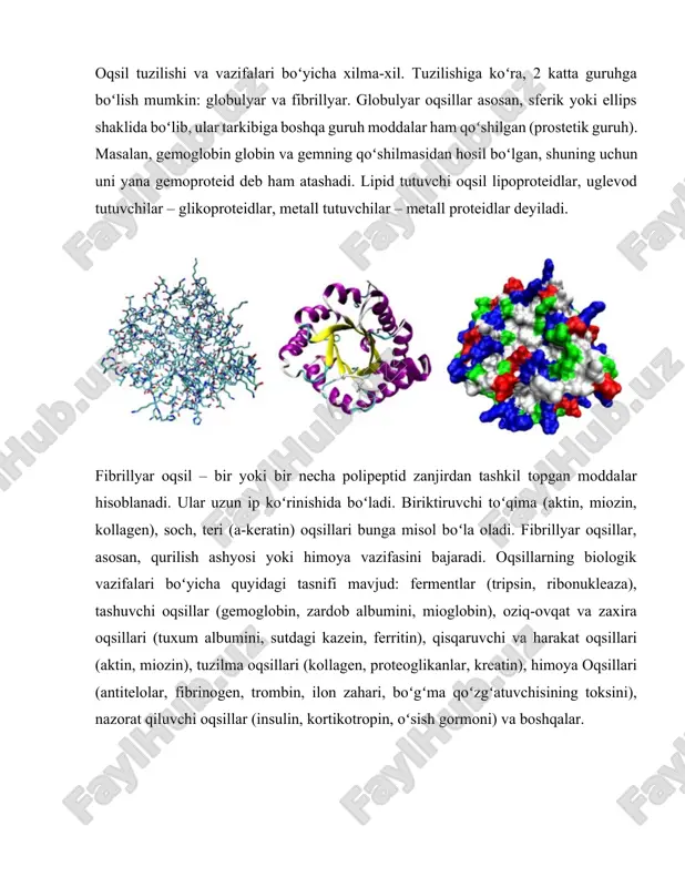 idlar, metall tutuvchilar – metall proteidlar deyiladi. fibrillyar oqsil – bir yoki bir necha polipeptid zanjirdan tashkil topgan moddalar hisoblanadi. ular uzun ip koʻrinishida boʻladi. biriktiruvchi toʻqima (aktin, miozin, kollagen), soch, teri (a-keratin) oqsillari bunga misol boʻla oladi. fibrillyar oqsillar, asosan, qurilish ashyosi yoki himoya vazifasini bajaradi. oqsillarning biologik vazifalari boʻyicha quyidagi tasnifi mavjud: fermentlar (tripsin, ribonukleaza), tashuvchi oqsillar (gemoglobin, zardob albumini, mioglobin), oziq-ovqat va zaxira oqsillari (tuxum albumini, sutdagi kazein, ferritin), qisqaruvchi va harakat oqsillari (aktin, miozin), tuzilma oqsillari (kollagen, proteoglikanlar, kreatin), himoya oqsillari (antitelolar, fibrinogen, trombin, ilon zahari, boʻgʻma qoʻzgʻatuvchisining toksini), nazorat qiluvchi oqsillar (insulin, kortikotropin, oʻsish gormoni) va boshqalar. oqsil ajratib olish ulardagi aminokislota qoldiklarini aniqlashda kimyo va molekulyar biologiya fanlarining usullaridan (dializ, gelfiltratsiya, elektroforez, xromatografiya, sekvenatsiya va boshqalar) foydalaniladi. oqsil ajratib olish jarayonida aminokislota qoldiqlarini aniqlash uchun kimyo va molekulyar biologiya fanlarining turli usullaridan (dializ, gel-filtratsiya, elektroforez, xromatografiya, sekvenatsiya va boshqalar) foydalaniladi. oqsillar (polipeptidlar) – yuqori …