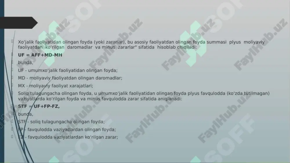 rma narxlarni oshirish hisobidan ustama foyda oladi. foyda nima hisobidan yaratilishiga qarab normal, iqtisodiy va omad foydadan iborat boʻladi. normal foydani tadbirkorlik qobiliyati yaratadi. bu ishbilarmonlik uchun mukofot tarzida eng kam deganda malakali ishchi yoki mutaxassisning ish haqiga teng boʻlishi kerak, aks holda tadbirkorlik bilan mashgʻul boʻlish oʻrniga yollanib ishlash maʼqul boʻladi. bundam foyda xarajatlar tarkibiga kiradi, chunki tovarlar xarajatlarga teng narx bilan sotilganda ham tadbirkor daromad topadi va biznesni tashlab ketmaydi. biznesni boshqarish kapital sohibidan menejerlarga oʻtgan taqdirda normal foyda ularga mukofot shaklida tegadi. iqtisodiy foyda xarajatlar bilan daromad oʻrtasidagi farqdan iborat, uni kapital yaratgani sababli bu foyda kapital egasiga tegadi. omad foydasi – bu foydani bozor konyuʼyunkturasidagi juzʼiy oʻzgarishlar yuzaga keltiradi. bozorda talab vaqtinchalik oshib, narxlar koʻtarilganda omad foydasi hosil boʻladi. iqtisodiyotda tavakkalchilik foydasi ham bor. bu tavakkaliga ish qilgani uchun biznes egalariga tegadigan mukofot hisoblanadi. foyda ishlatilishidan oldin taqsimlanadi, undan soliqlar toʻlanadi. kapital qarzga olinganda foydaning bir …