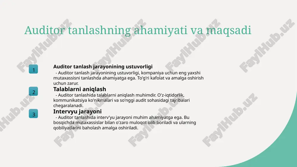 arayonining o'ziga xos karyera rivojlanish yo'llari va imkoniyatlari haqida tushuncha. auditorlik yoʻnalishlarini tahlil qilish usullari 1 yoʻnalishlarni tahlil qilishning mohiyati - auditorlik yoʻnalishlarini tahlil qilishda, so'zning mohiyati va muhimligi ahamiyatli hisoblanadi. bu jarayon, auditorsizlikni aniqlash va muammolarni hal qilishga yordam beradi. 2 yoʻnalishlarni tanlashda strategiyalar - auditorlik yoʻnalishlarini tahlil qilish uchun eng muhim strategiyalar, kandidatlar profilini tuzish, intervyu oʻtkazish va ma'lumotlarni baholashni oʻz ichiga oladi. bu strategiyalar auditorsizlikni samarali yechishda yordam beradi. 3 intervyulash usullari - auditorlik yoʻnalishlarini tahlil qilishda muvaffaqiyatli intervyu oʻtkazish uchun kerakli usullar, maslahatlar va tuyulganlik koʻrsatishning ahamiyati juda katta. interesli, chuqur va samarali intervyu oʻtkazish jarayonida muvaffaqiyatni ta'minlash uchun bu usullar zarur. 4 kandidatlar baholash - auditorlik yoʻnalishlarini tahlil qilishda kandidatlar baholanish jarayonida, obyektiv va aniq kriteriyalar muhim ahamiyatga ega. kandidatlar baholash, auditorsizlikning samarali amalga oshirilishida katta ahamiyatga ega. auditorlikning maqsad va vazifalarini tushuntirish auditorlikning maqsadi vazifalarining belgilanishi auditorlikning ahamiyati auditorlikning asosiy maqsadi, korxonalarning moliyaviy hisobotlarini …